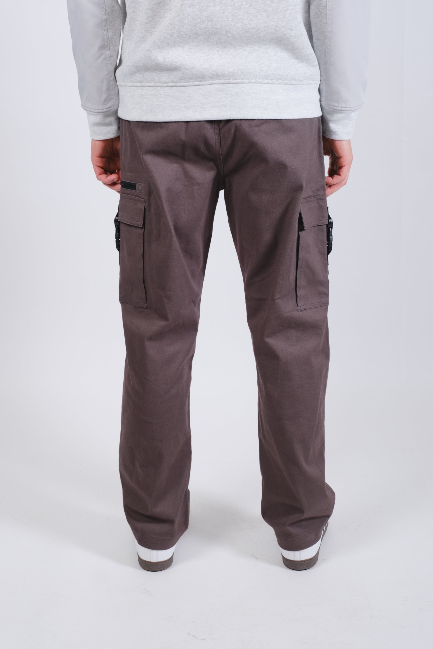 Charcoal grey zip buckle pocket twill cargo pants for men 
#color_charcoal-grey