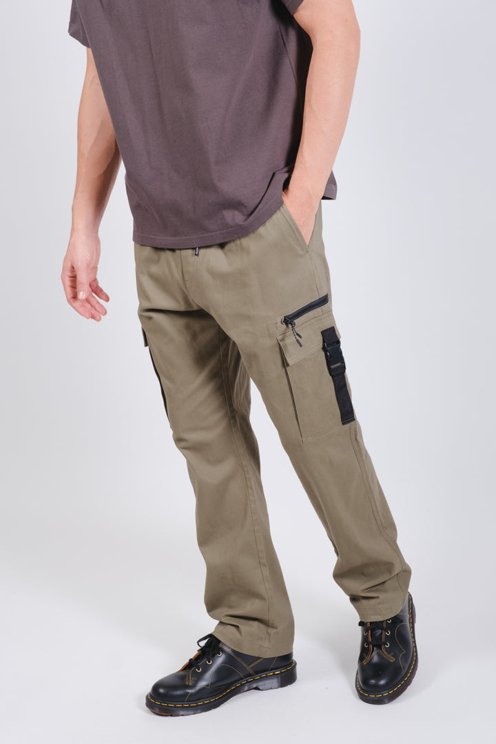 Stylish and functional, mens twill cargo pant with spacious zip buckle pockets #color_olive