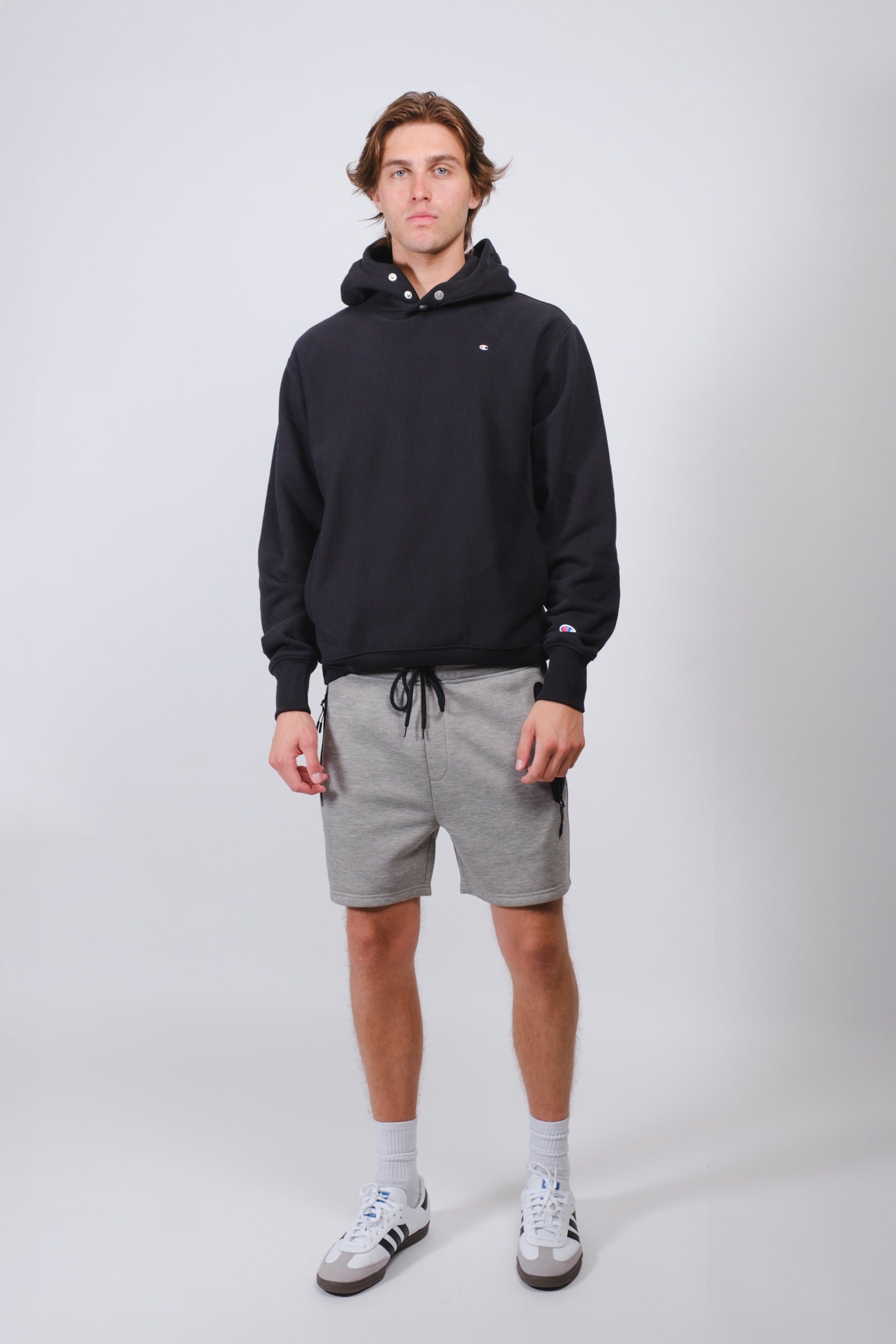 Stylish men's 5 inch inseam shorts with heat sealed zip pocket
#color_dark oatmeal