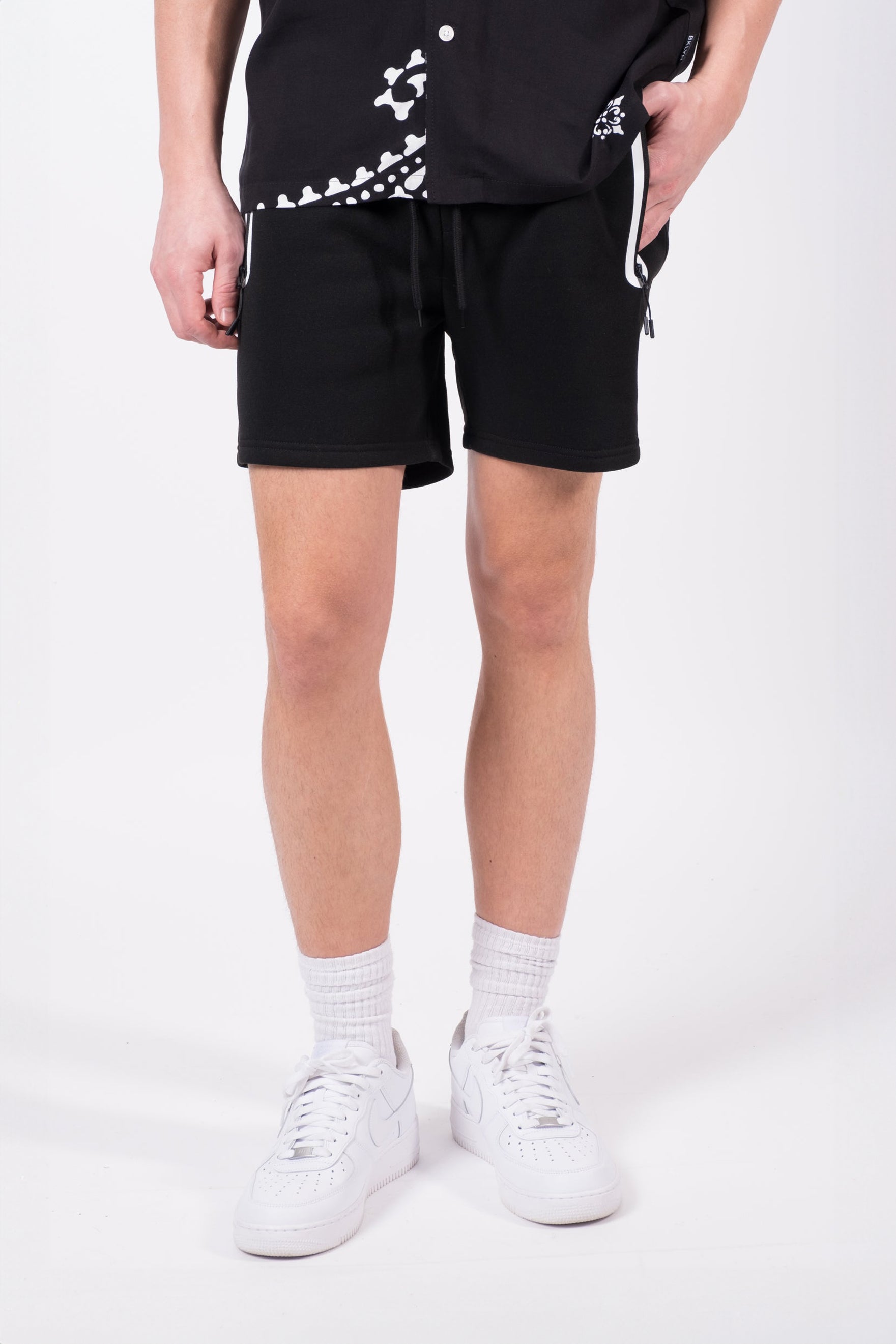 Men's shorts with 5 inch inseam and heat seal zip pocket detail
#color_black and white