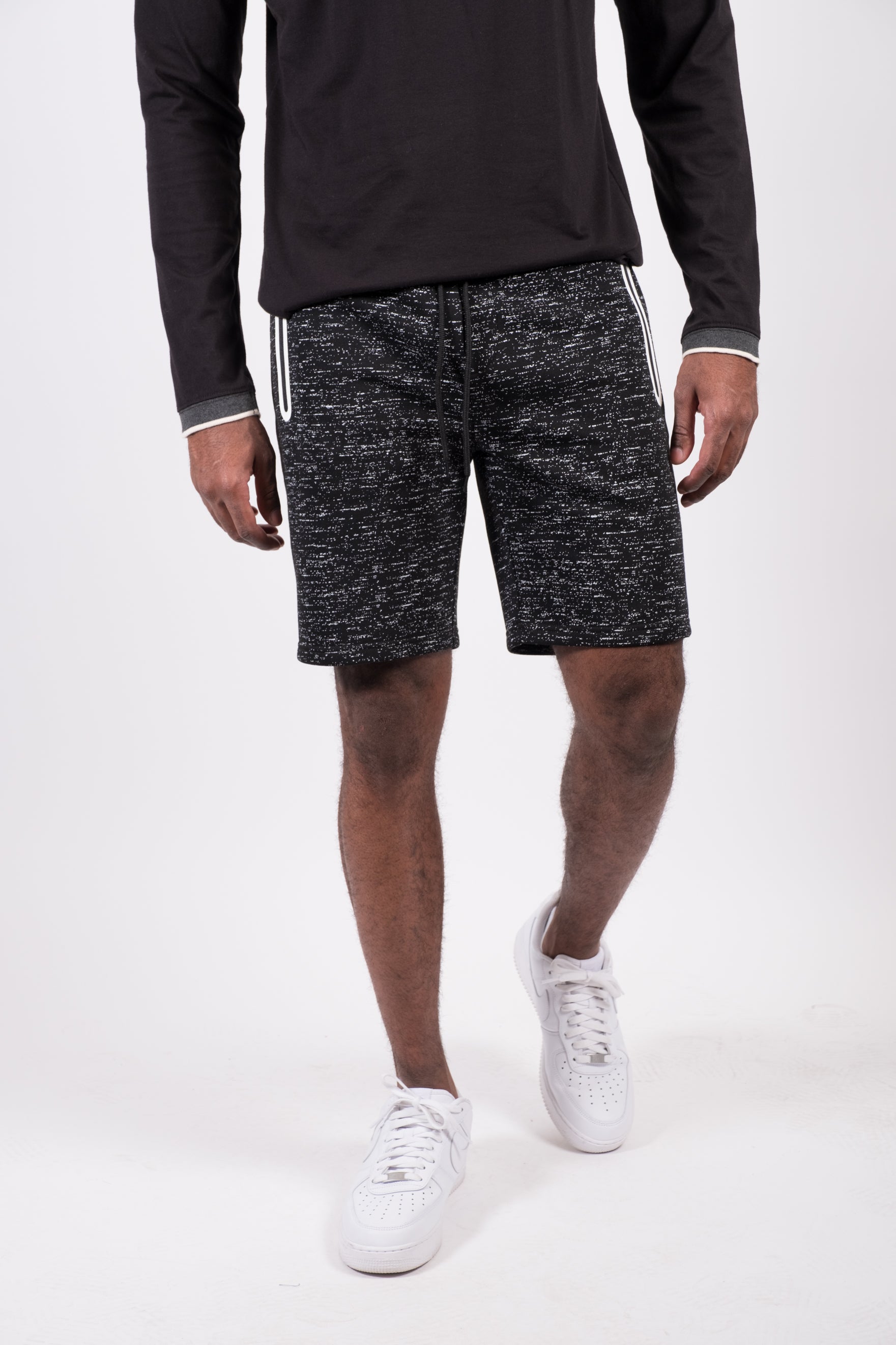 Brooklyn Cloth Heat Seal Zip Pocket Shorts with drawstring waist
#color_black printed space dye