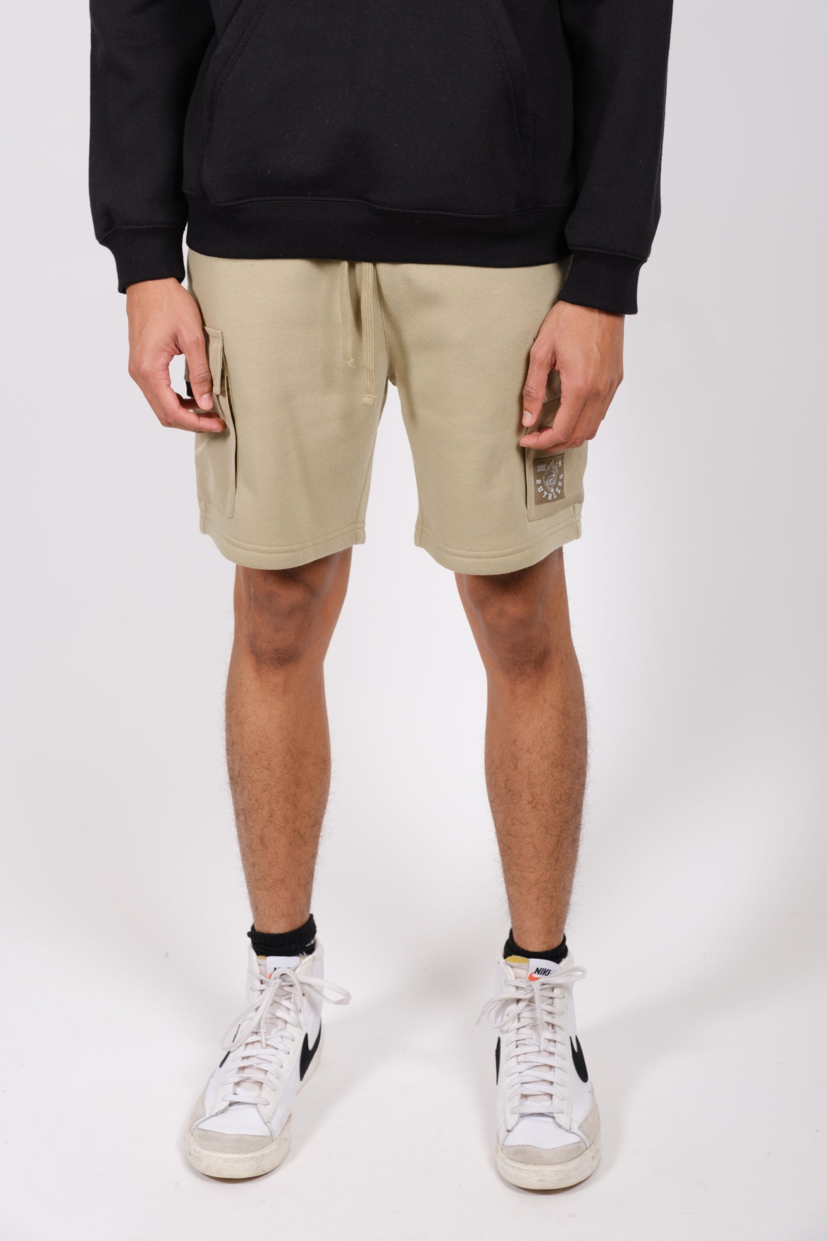 7-inch inseam fleece shorts for men featuring nylon pocket detail
#color_olive-gray