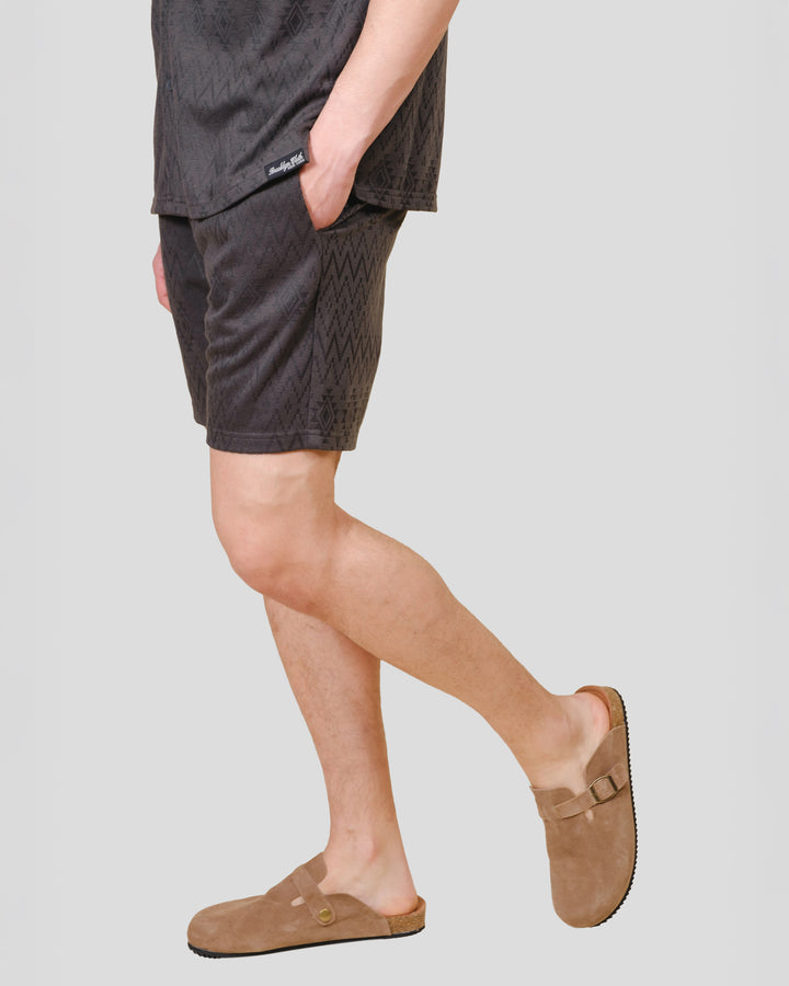 Mens dusty black knit shorts with an aztec jacquard pattern #color_dusty-black