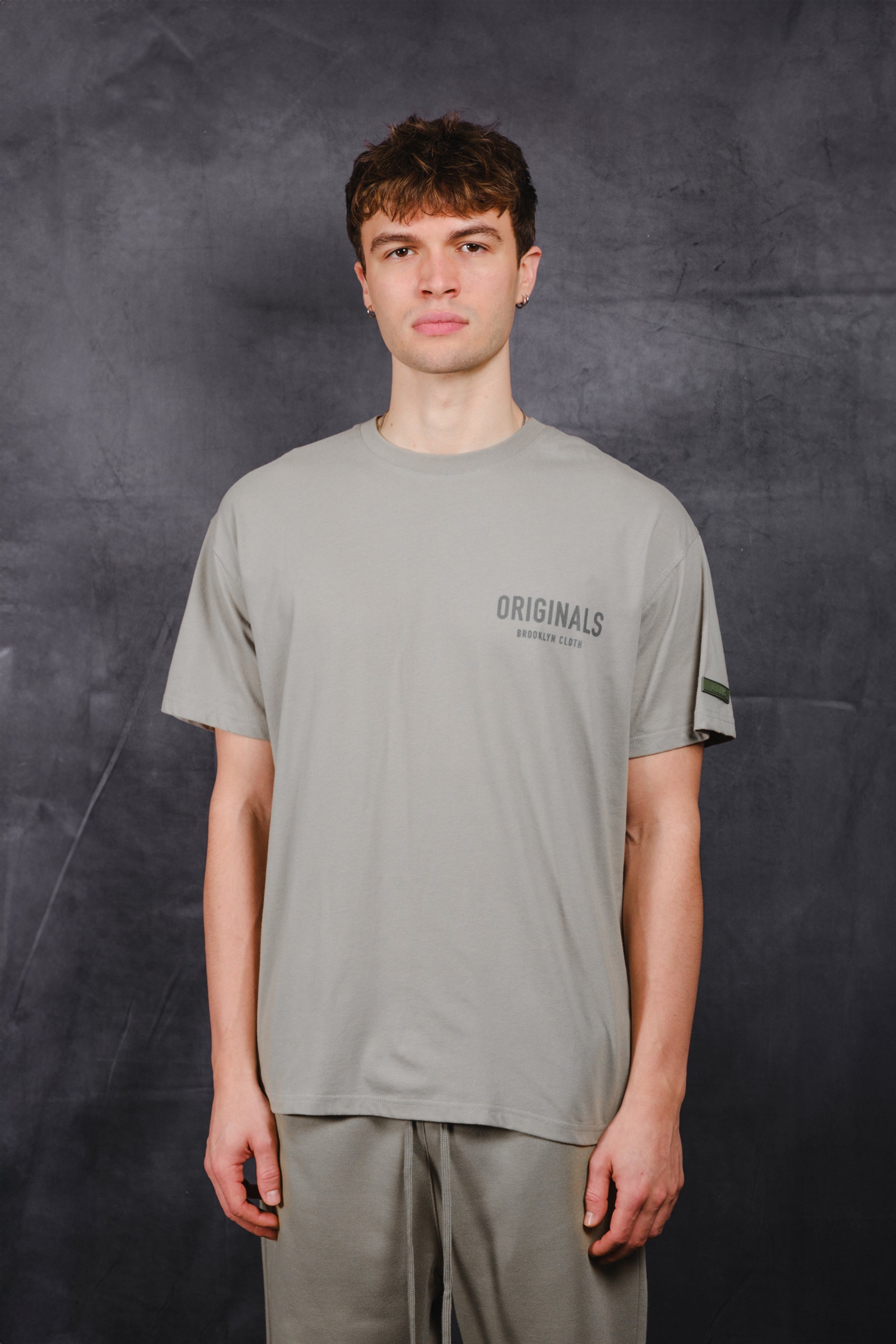 Men’s Originals Front Flock Tee in cotton blend, unique flock print on chest
#color_sage