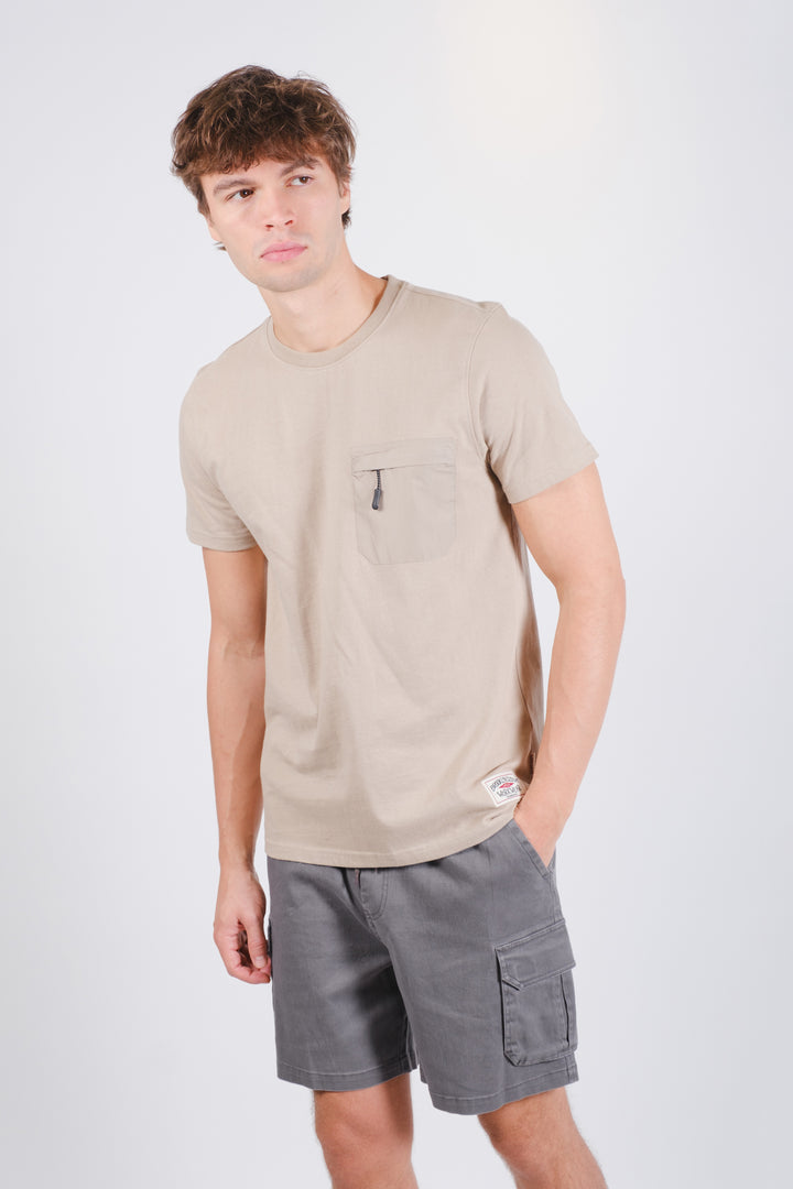 Relaxed fit nylon tee with zippered pocket detail on chest
#color_pumice-stone