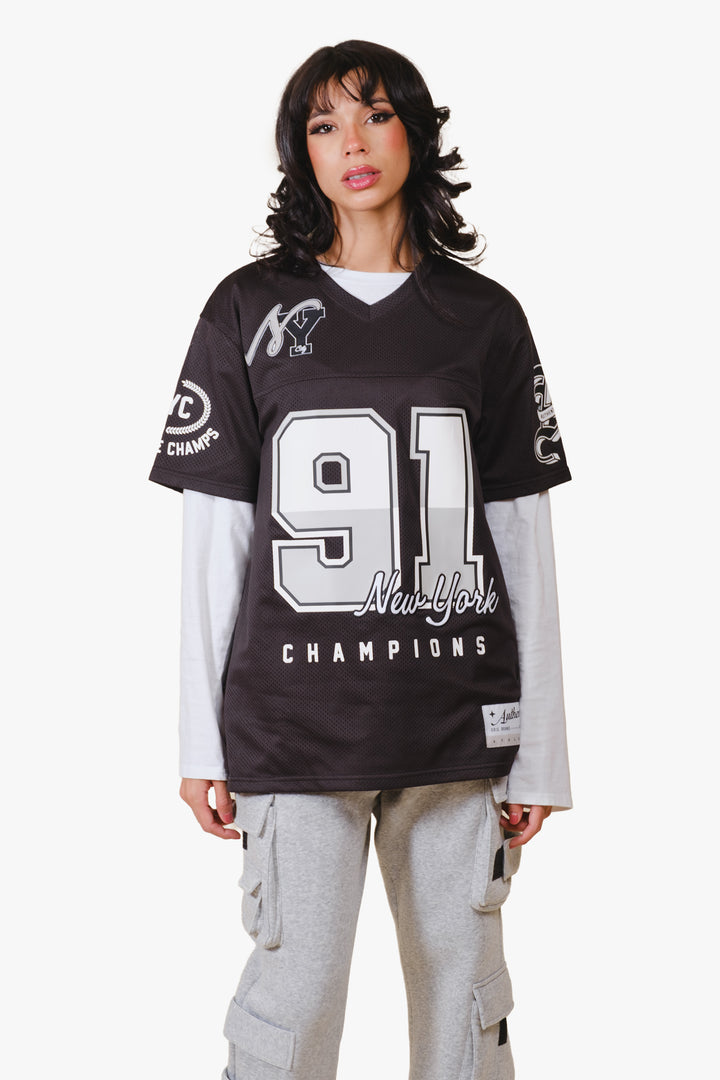 NY mesh football jersey with V neckline and graphic writing 