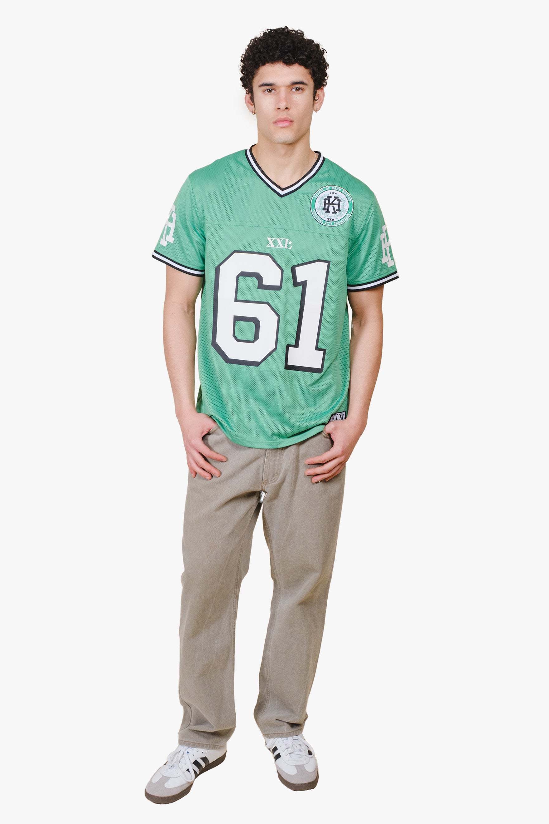 V neckline football jersey with hard knocks and number detailing 
#color_kelly green