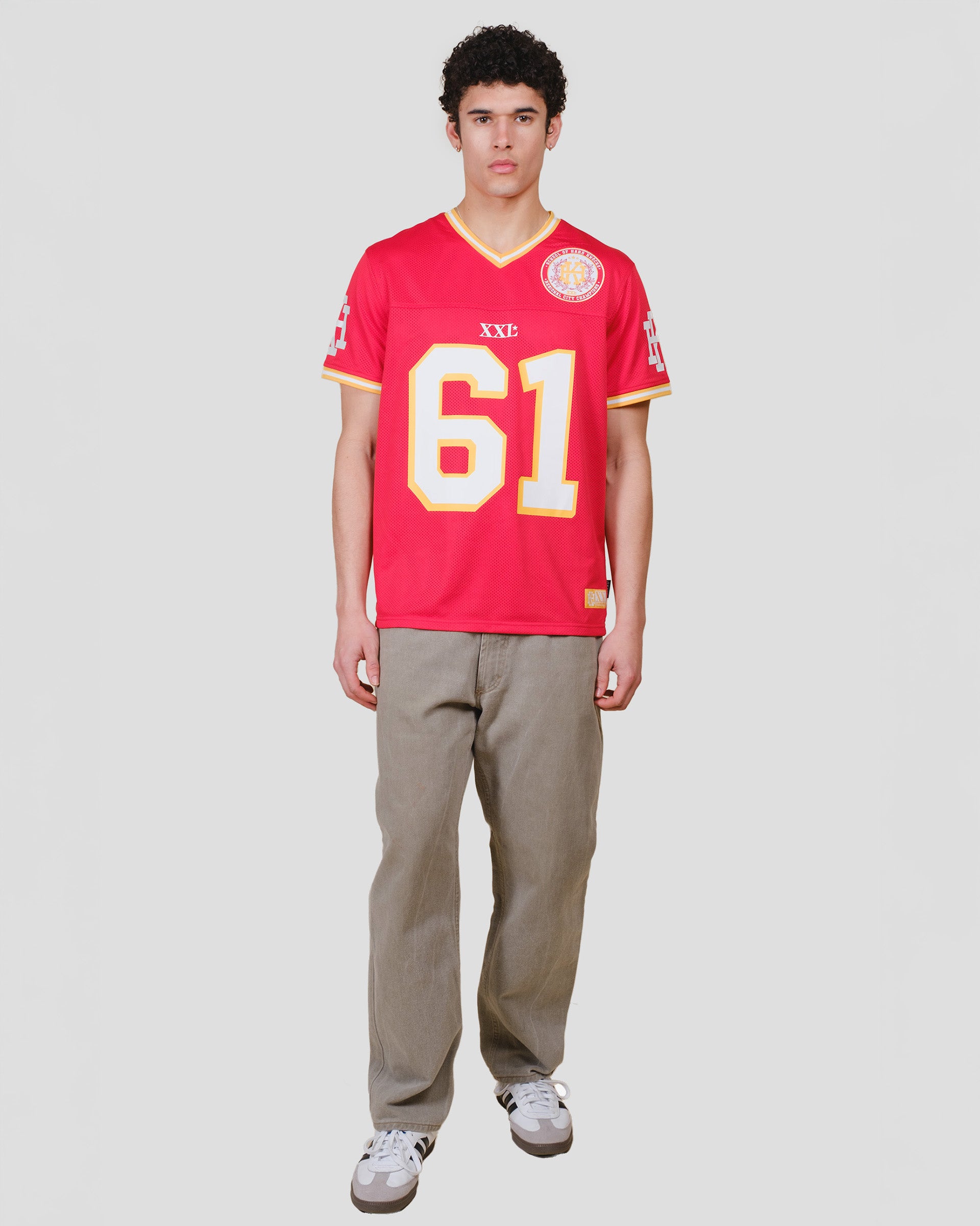 Red short sleeve hard knocks football jersey
#color_red