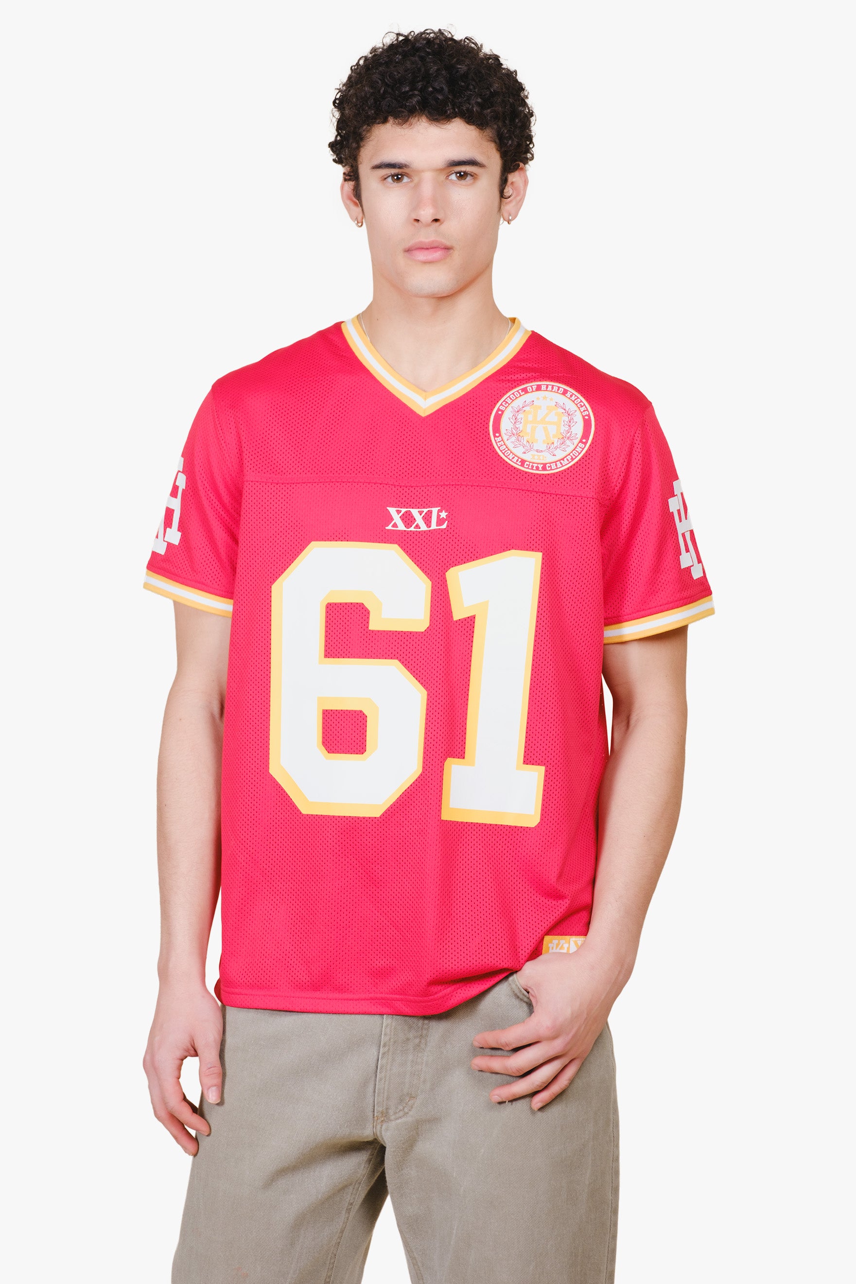 Red short sleeve hard knocks football jersey
#color_red