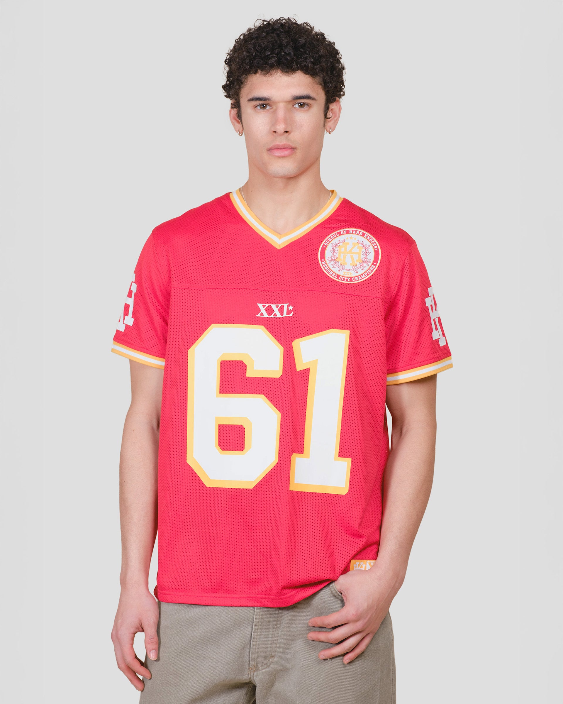 Red short sleeve hard knocks football jersey
#color_red