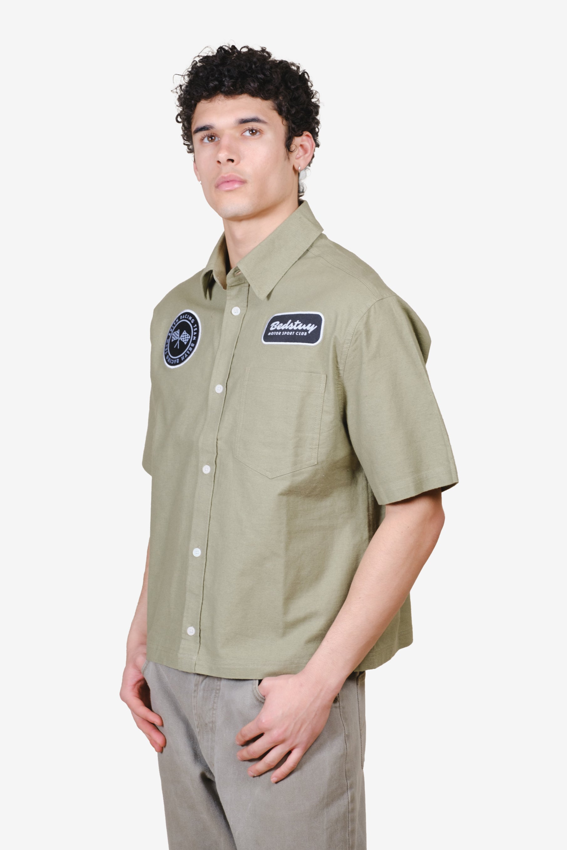 Olive gray men's button up cropped short sleeve shirt #color_olive-gray