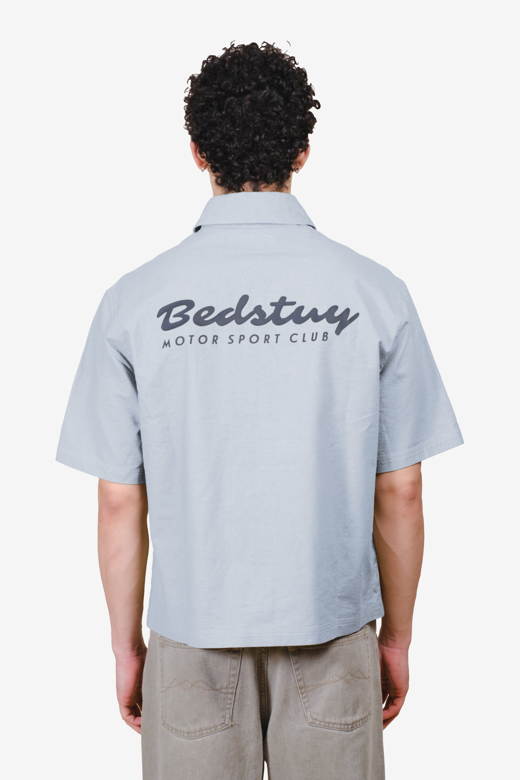 short sleeve button up with cropped boxy fit with Bedstuy detailing on back #color_quarry