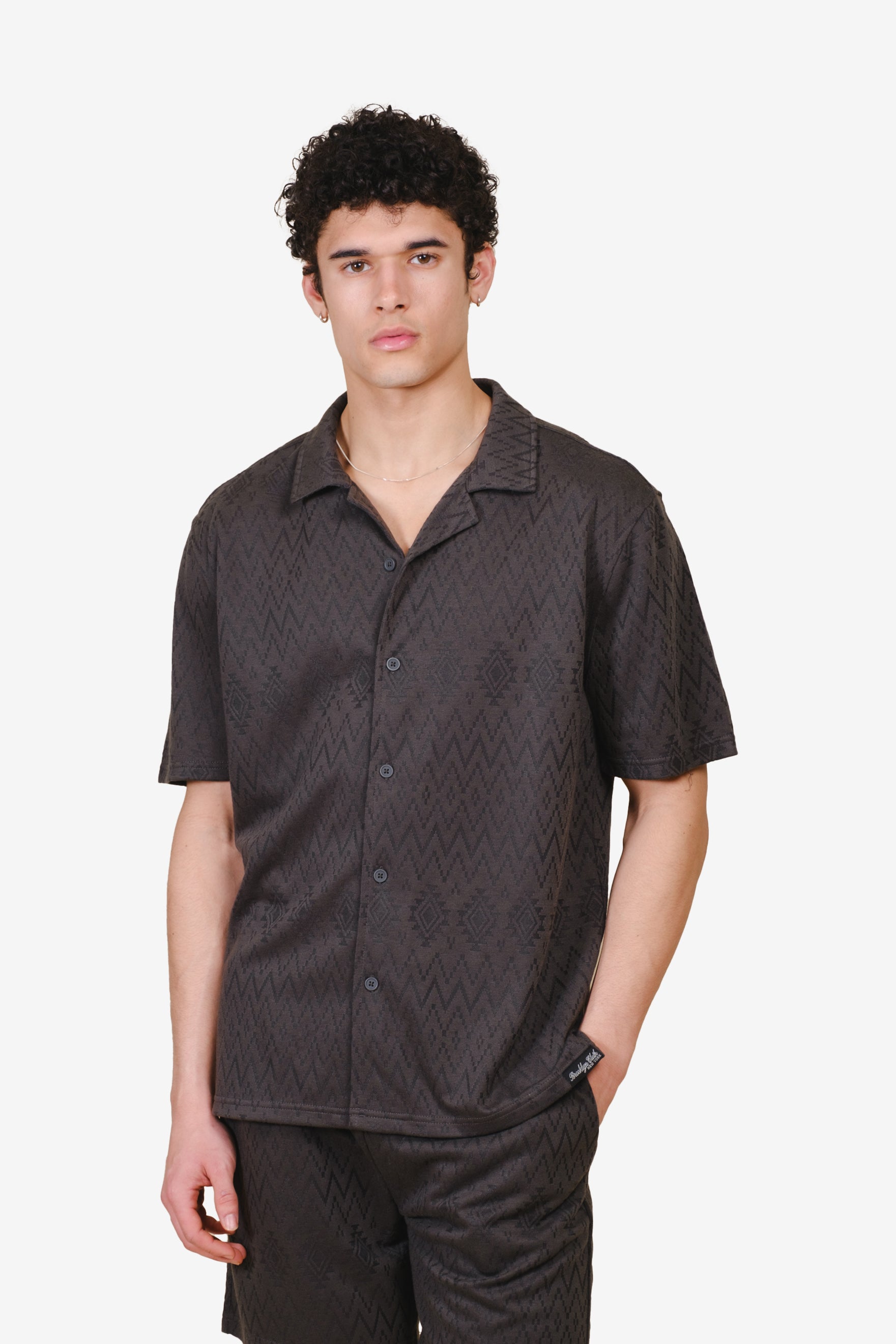 Men's aztec jacquard knit shirt in dusty black color 
#color_dusty-black