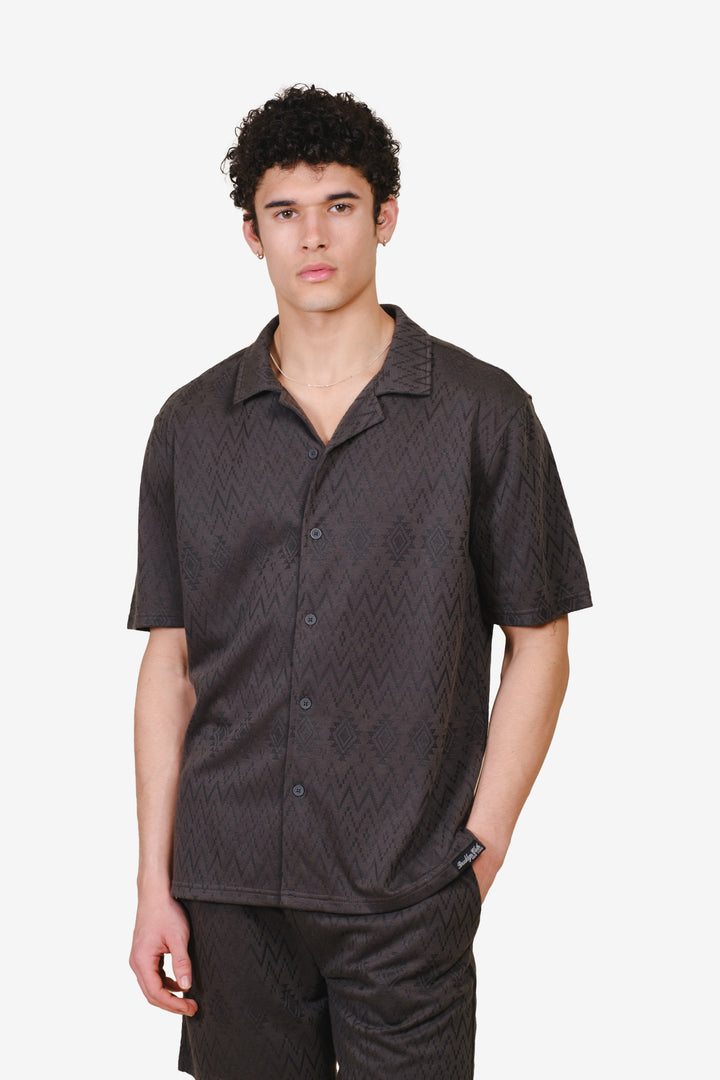 Men's aztec jacquard knit shirt in dusty black color 
#color_dusty-black