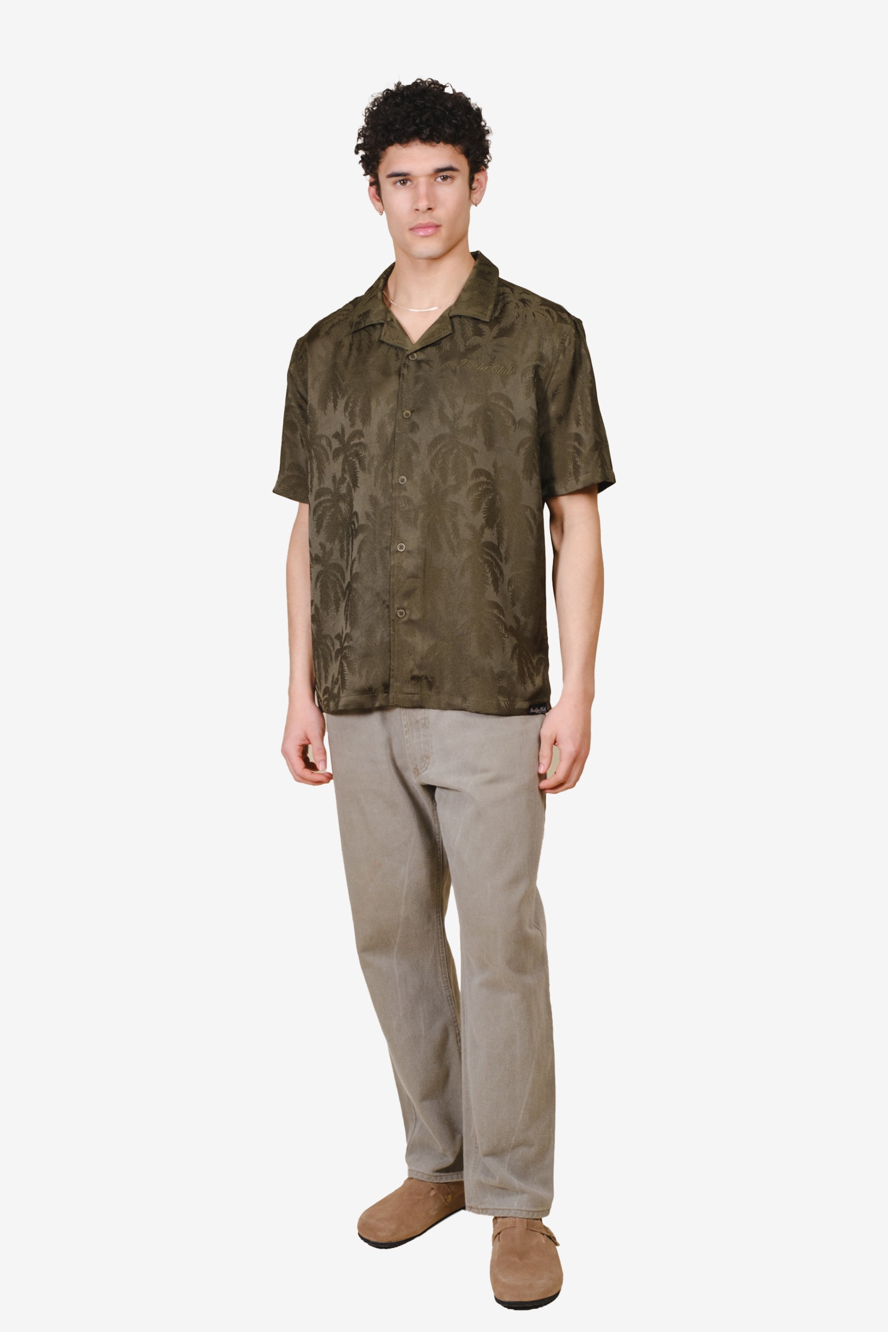 Olive camp shirt with button down front and camp collar 
#color_olive