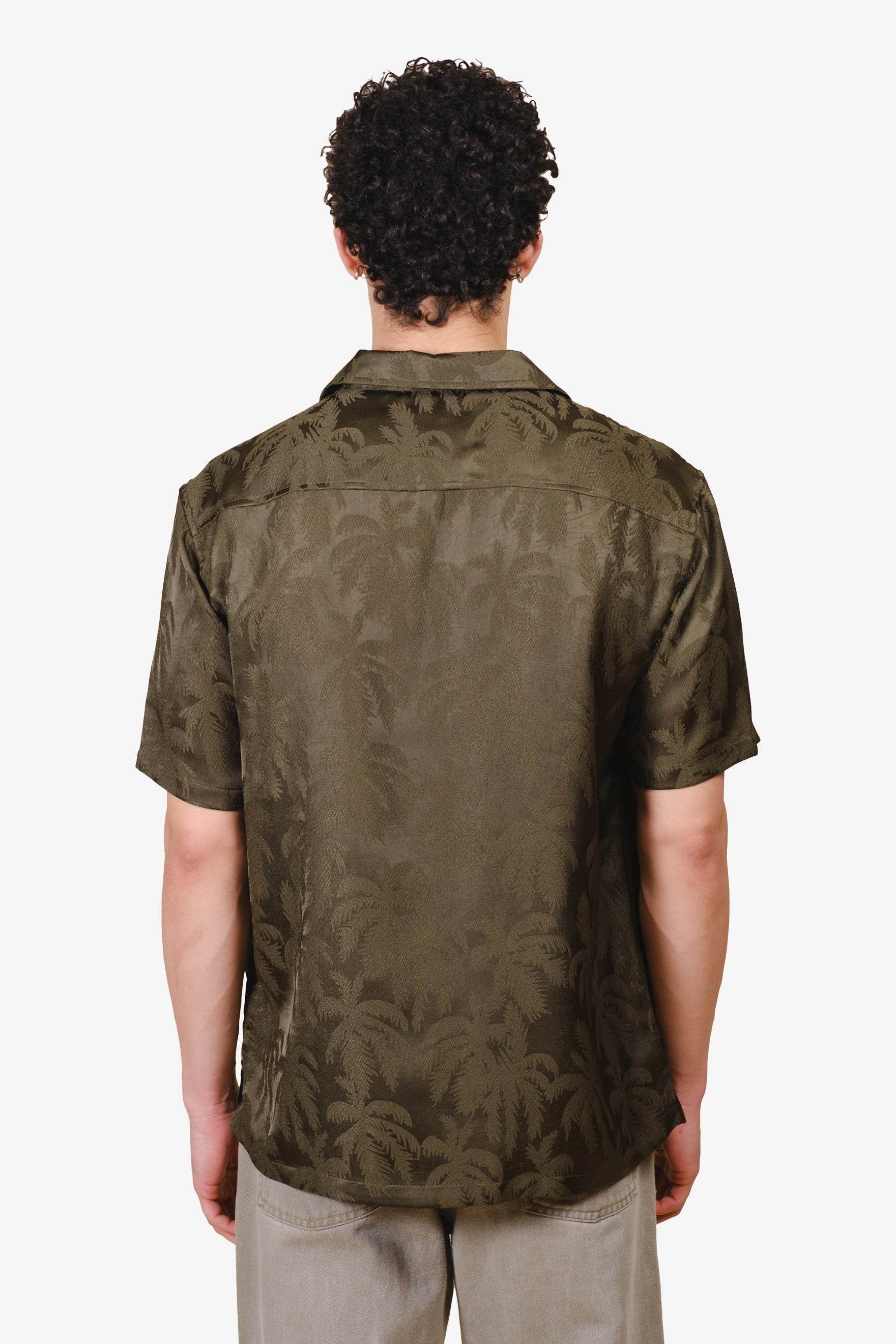 High quality mens camp shirt with palm tree detailing and camp collar 
#color_olive