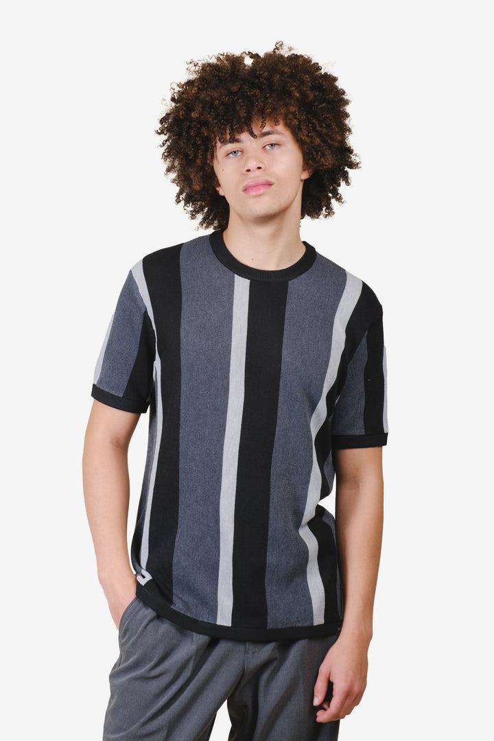Men's gray chunky striped crewneck short sleeve shirt. #color_ultimate-gray