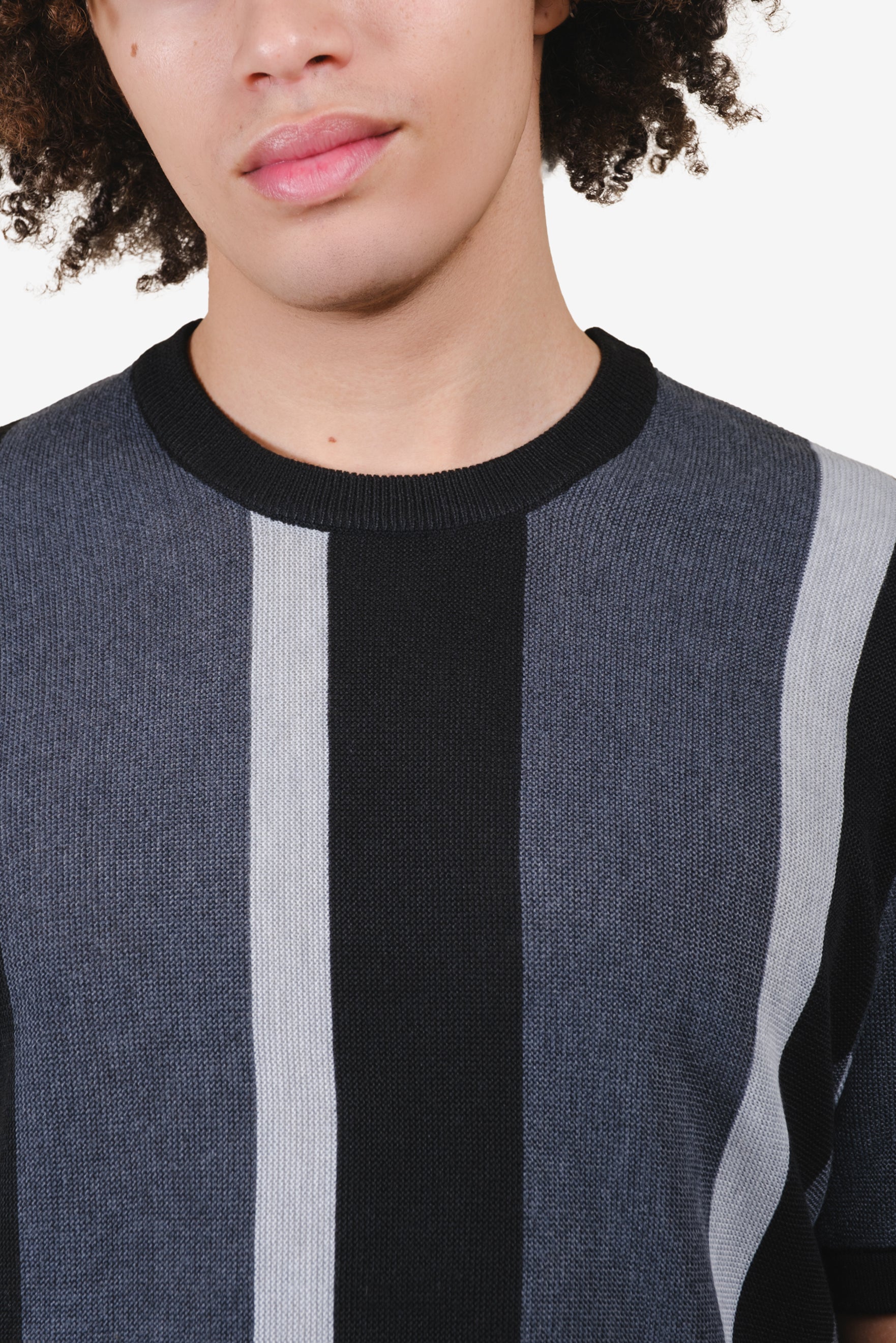 Men's gray chunky striped crewneck short sleeve shirt. #color_ultimate-gray