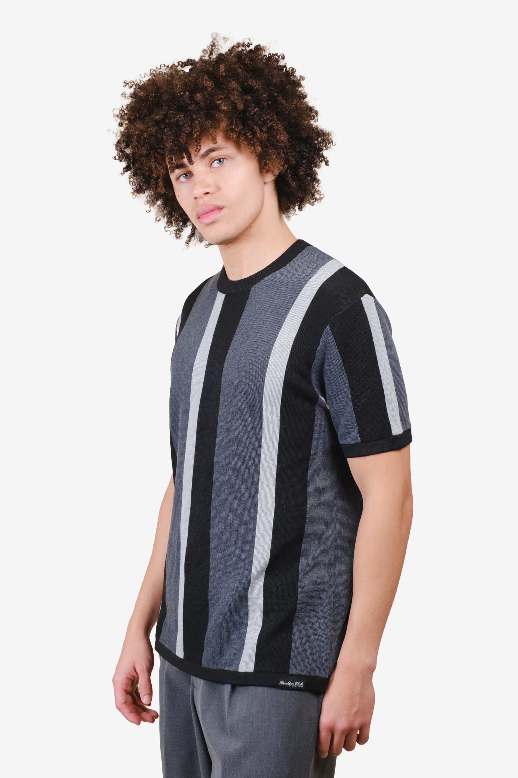 Men's gray chunky striped crewneck short sleeve shirt. #color_ultimate-gray