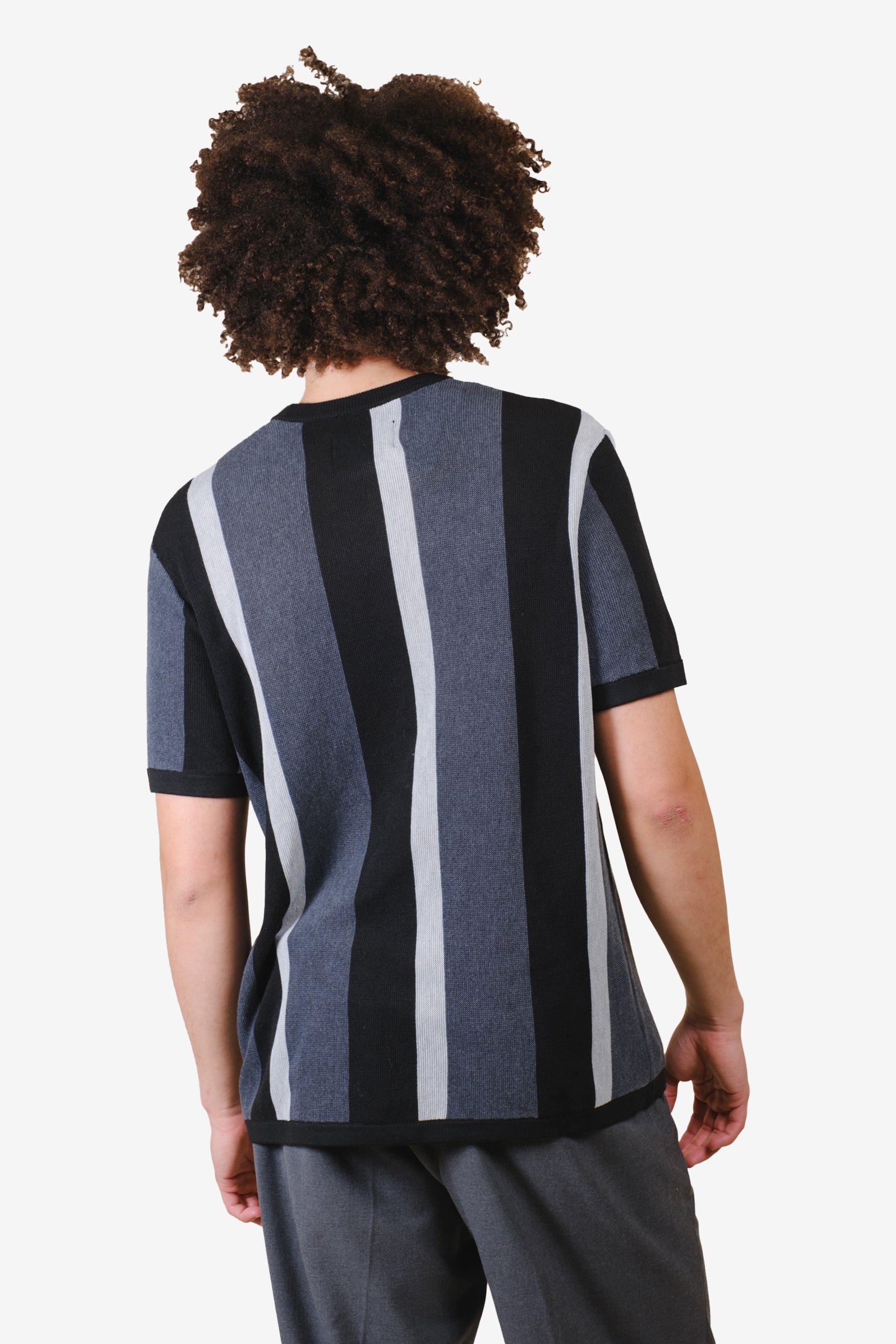 Men's gray chunky striped crewneck short sleeve shirt. #color_ultimate-gray