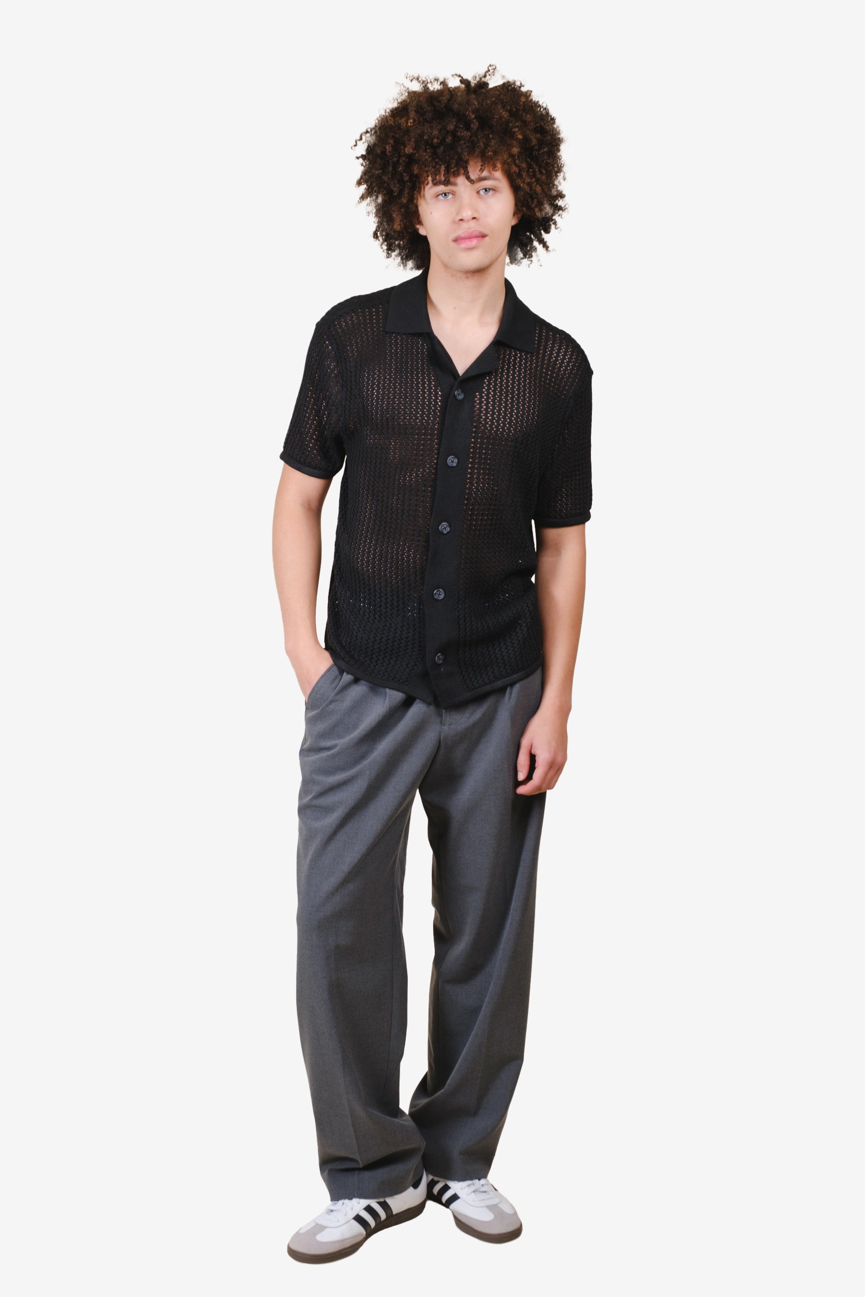 Loose knit see through camp shirt for men 
#color_black