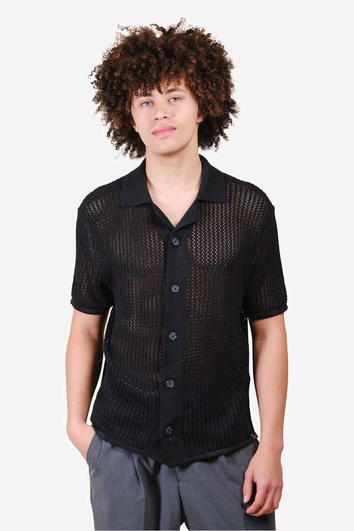 Men's slightly see through loose knit camp shirt #color_black