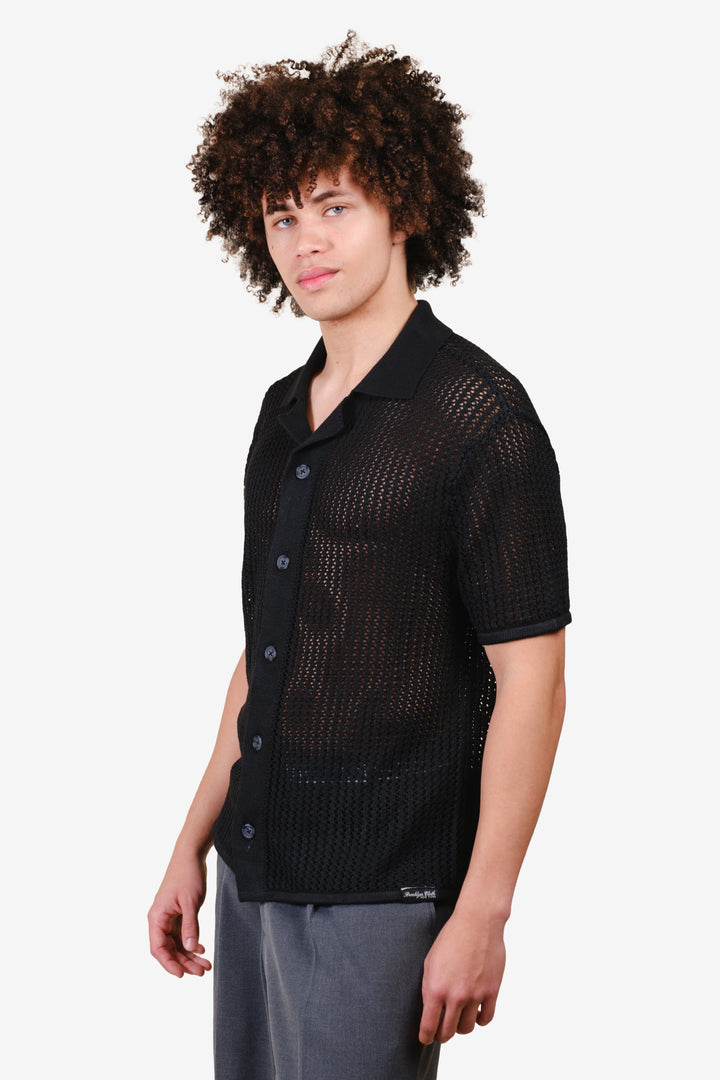 Men's loose knit camp shirt in black #color_black
