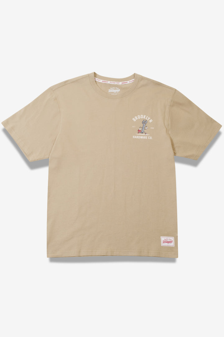 Men's hardware artwork tee with boxy fit and logo patch on bottom left #color_olive-gray
