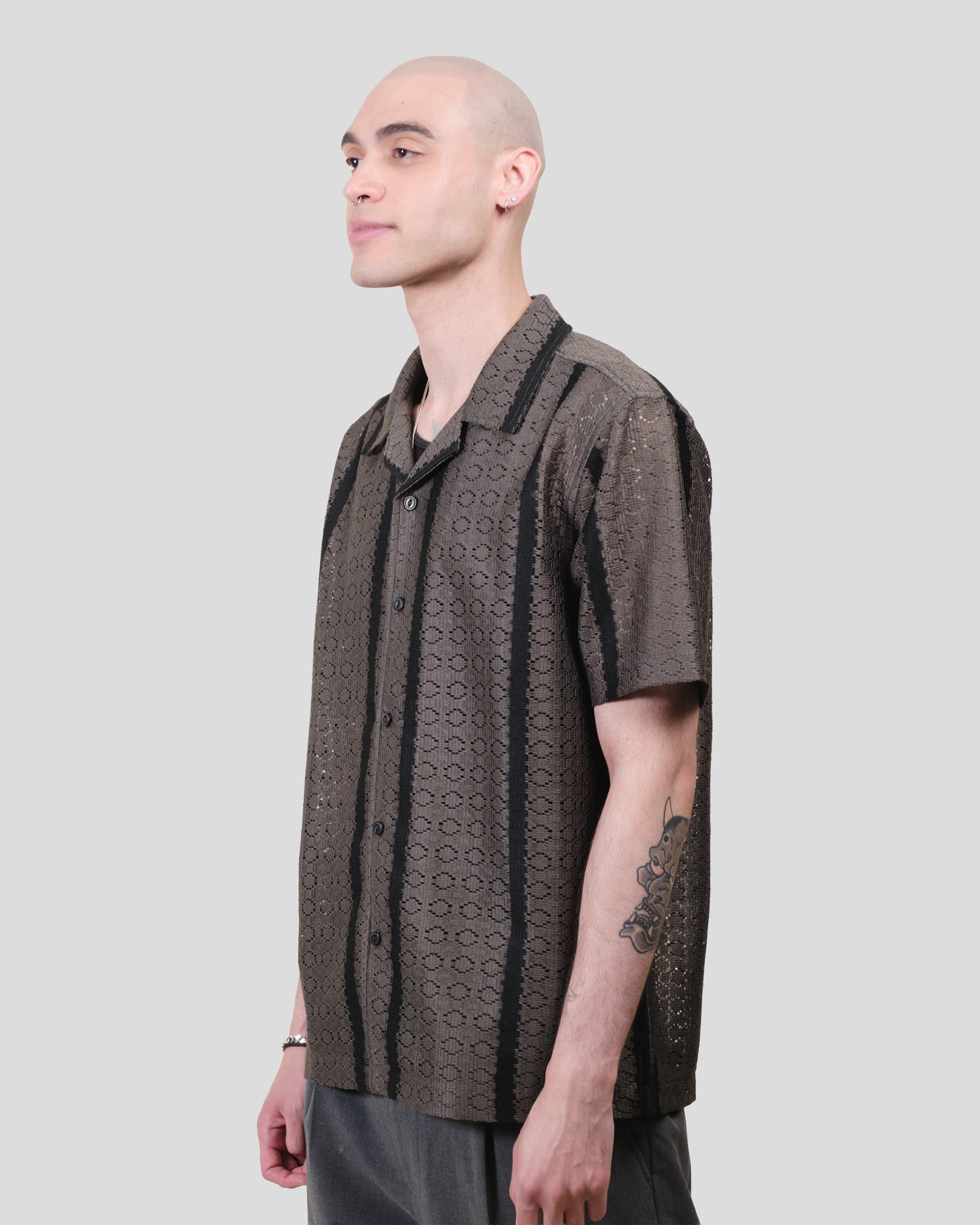 Jacquard Knit Vertical Stripe Camp Collar Shirt | Brooklyn Cloth