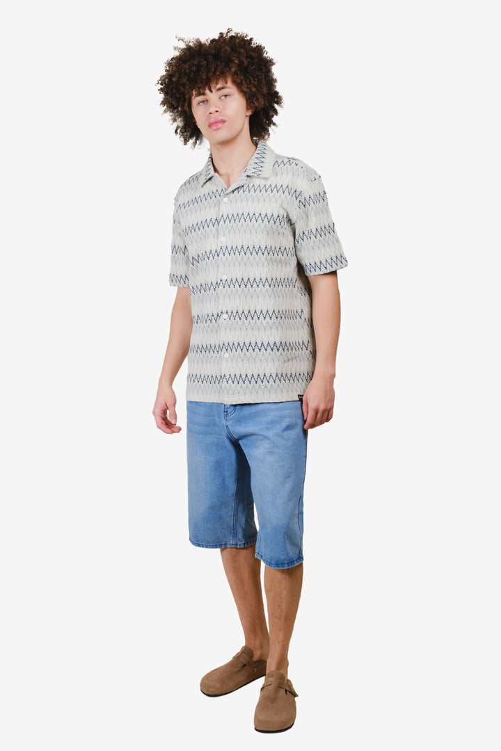 Men's light blue/aqua gray knit button-up camp collared shirt. #color_aqua-gray