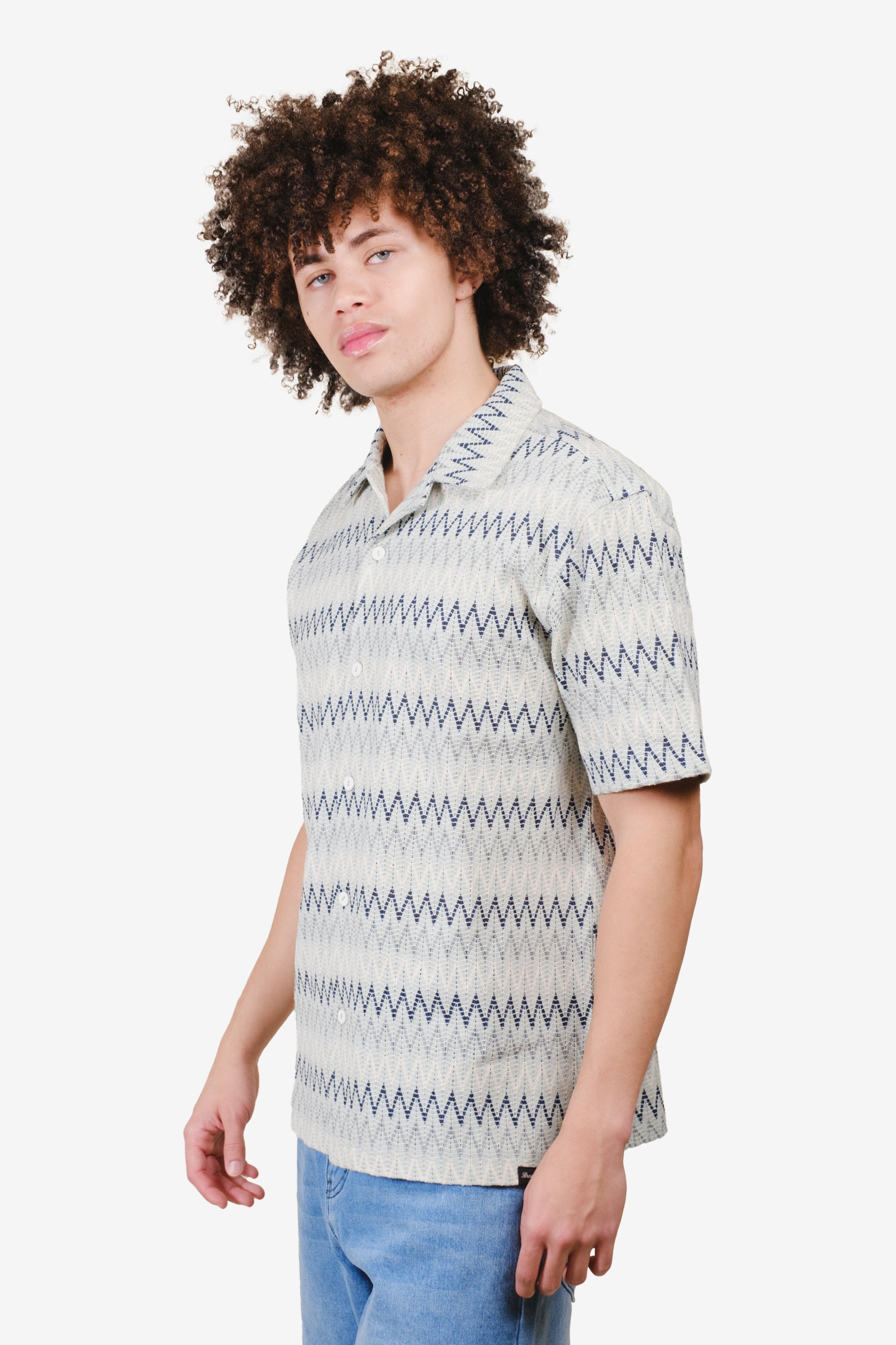 Men's light blue/aqua gray knit button-up camp collared shirt.#color_aqua-gray