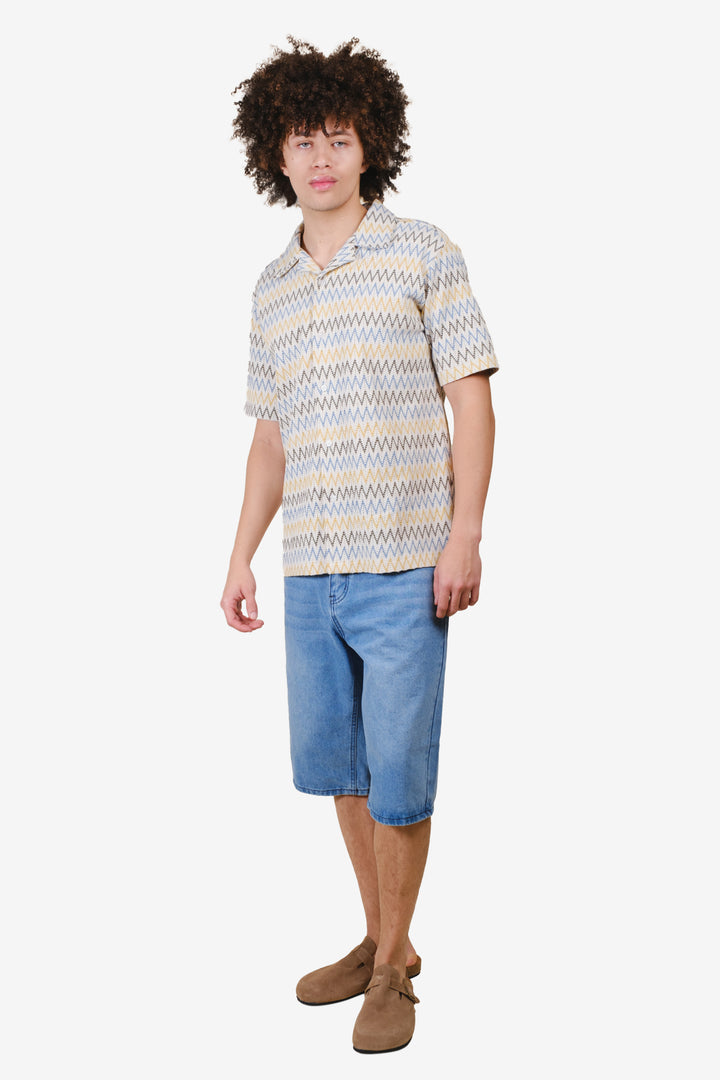 Men's sand knit button up camp collared shirt with a zig zag pattern.#color_sand