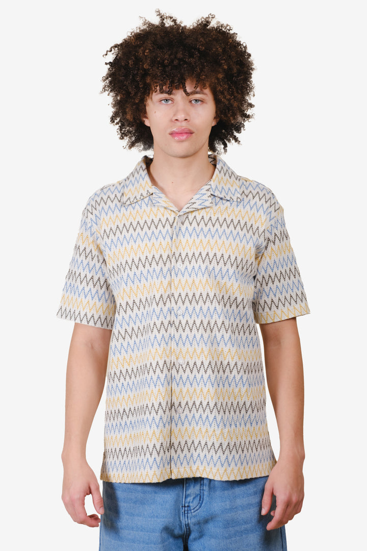 Men's sand knit button-up camp collared shirt with a zig zag pattern. #color_sand