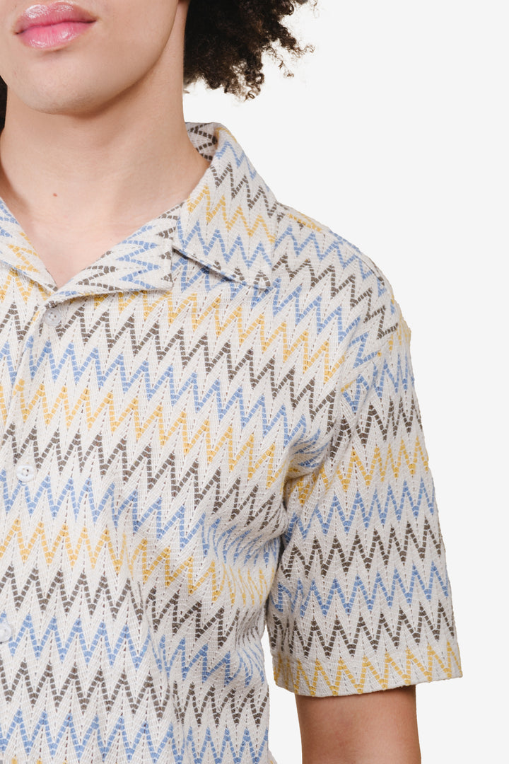 Men's sand knit button up camp collared shirt with a zig zag pattern.#color_sand