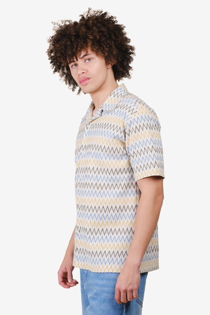 Men's sand knit button up camp collared shirt with a zig zag pattern.#color_sand