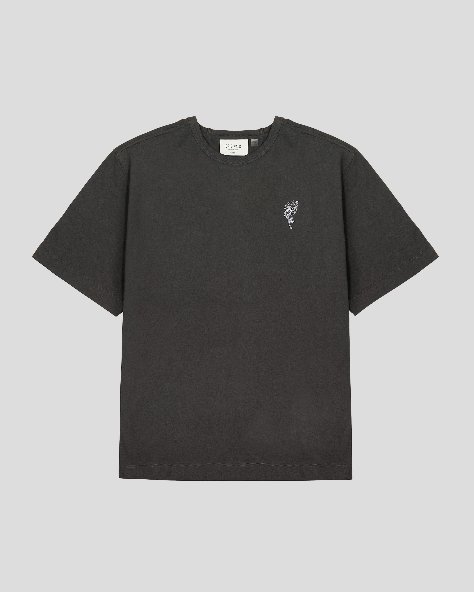 Flaming Rose Embroidery Tee in Dusty black