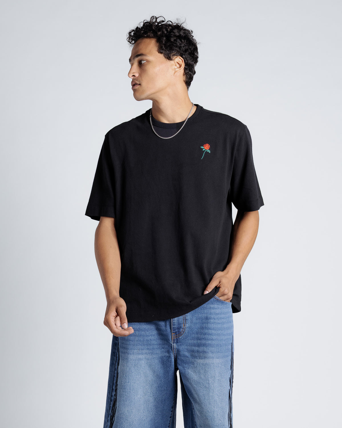 Rose Embroidery Tee in Black
