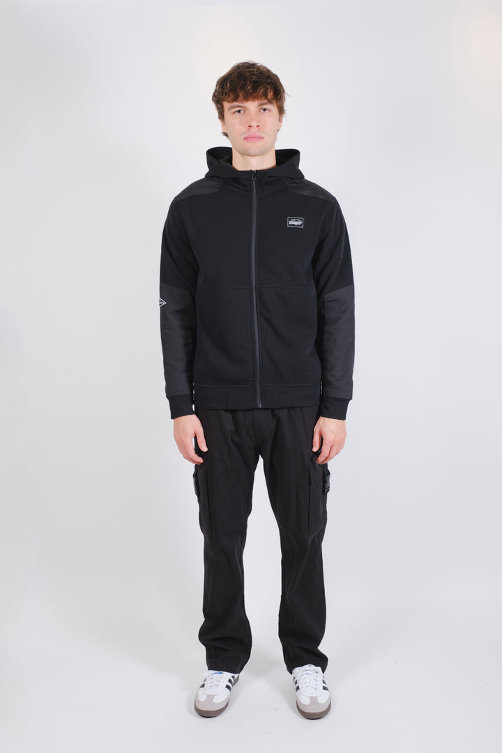 Men's workwear black fleece long-sleeve zip hoodie. 