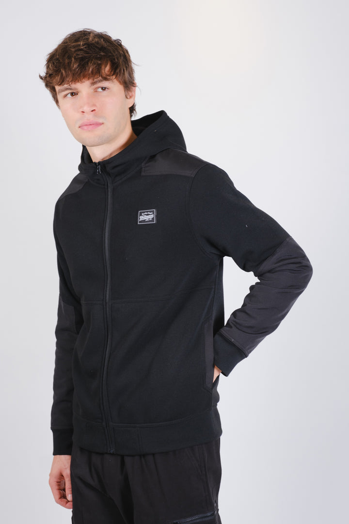 Men's workwear black fleece long-sleeve zip hoodie. 