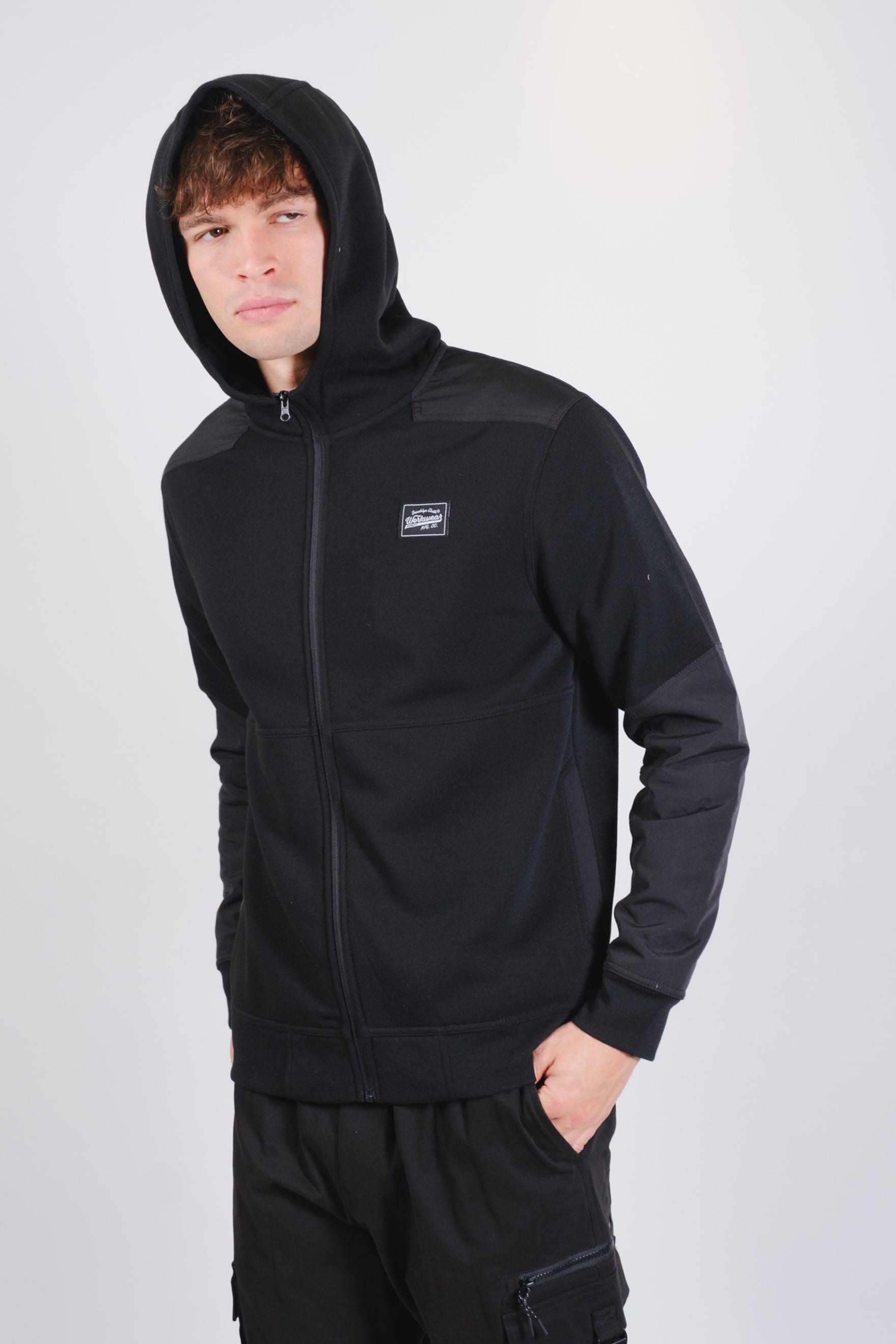 Men's workwear black fleece long sleeve zip hoodie. #color_black