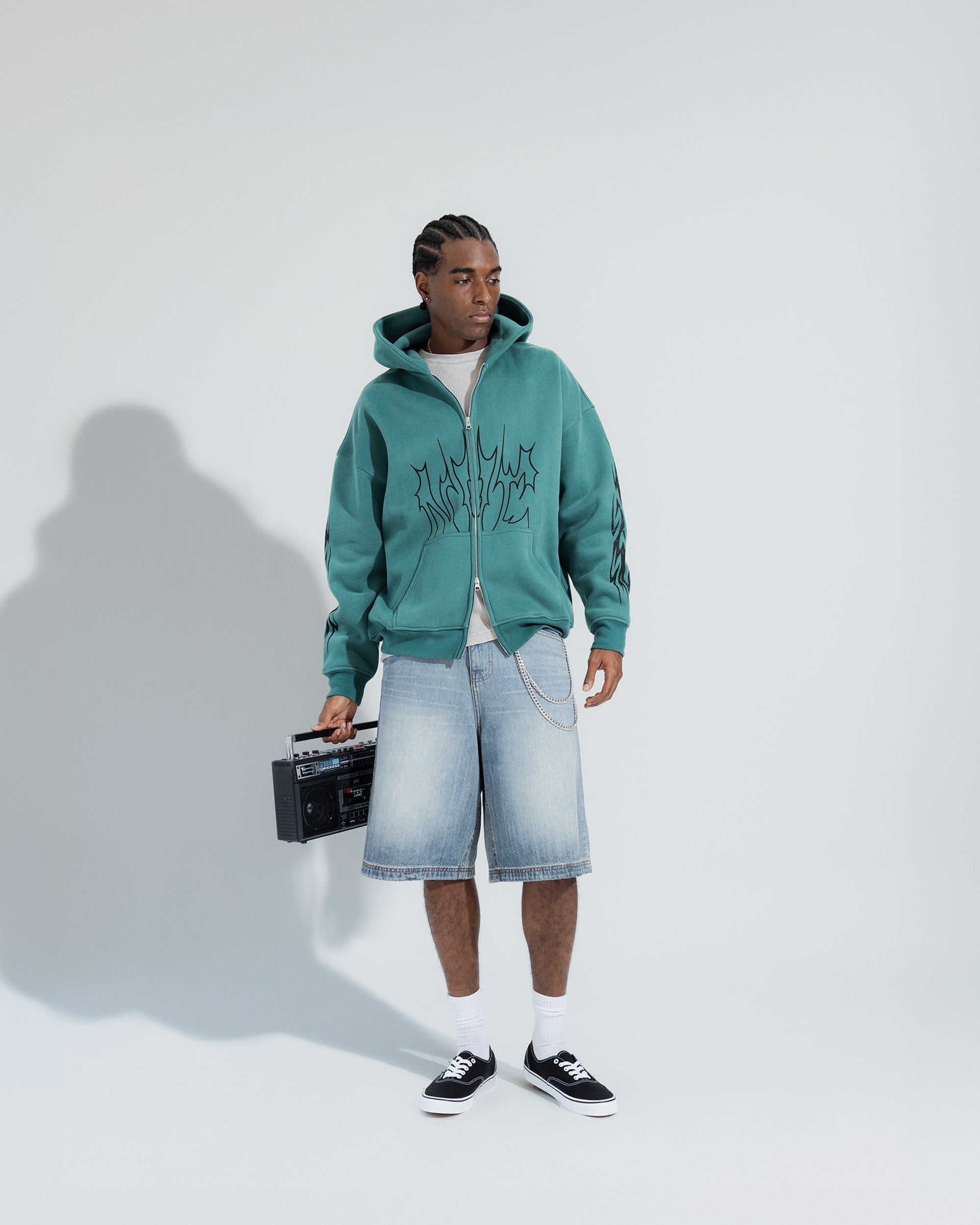 Oversized NYC Tribal Full Zip Hoodie in Antique green