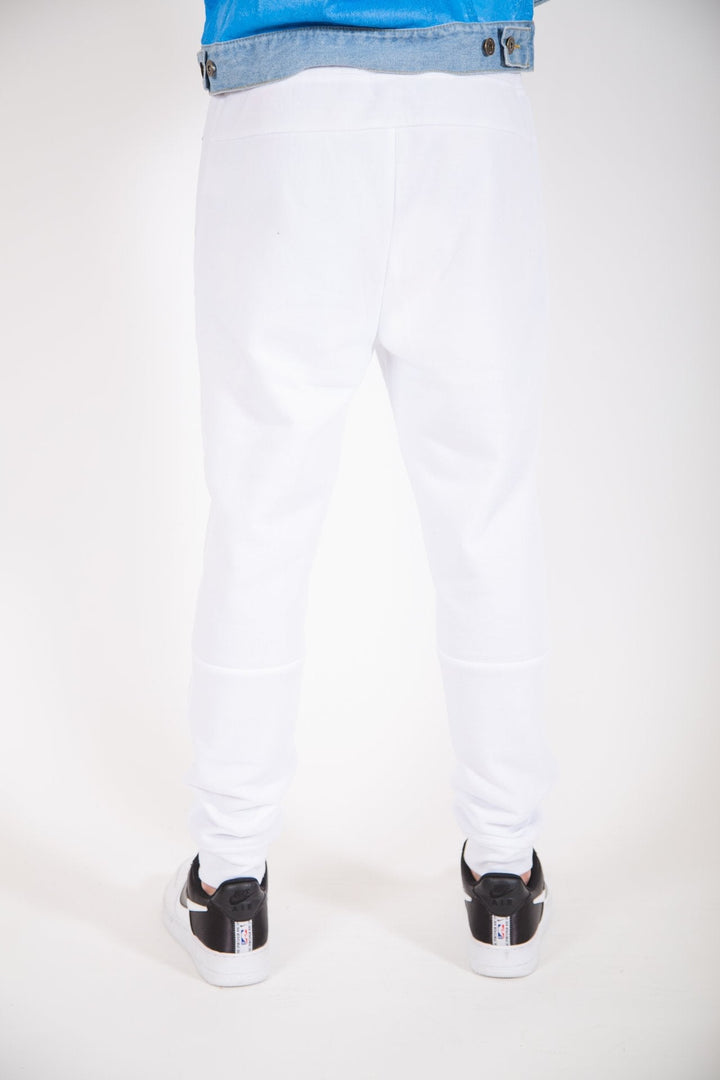 Slim-fit white fleece jogger pants with heat-sealed diagonal side pockets for men
#color_white 