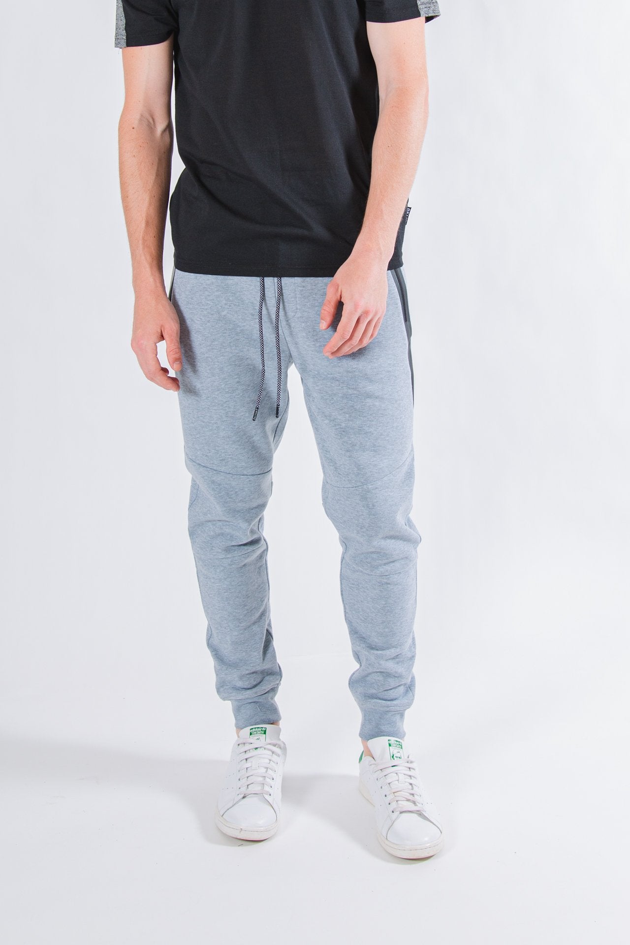 Navy fleece jogger pants with diagonal heat-seal side pockets
#color_heather-grey