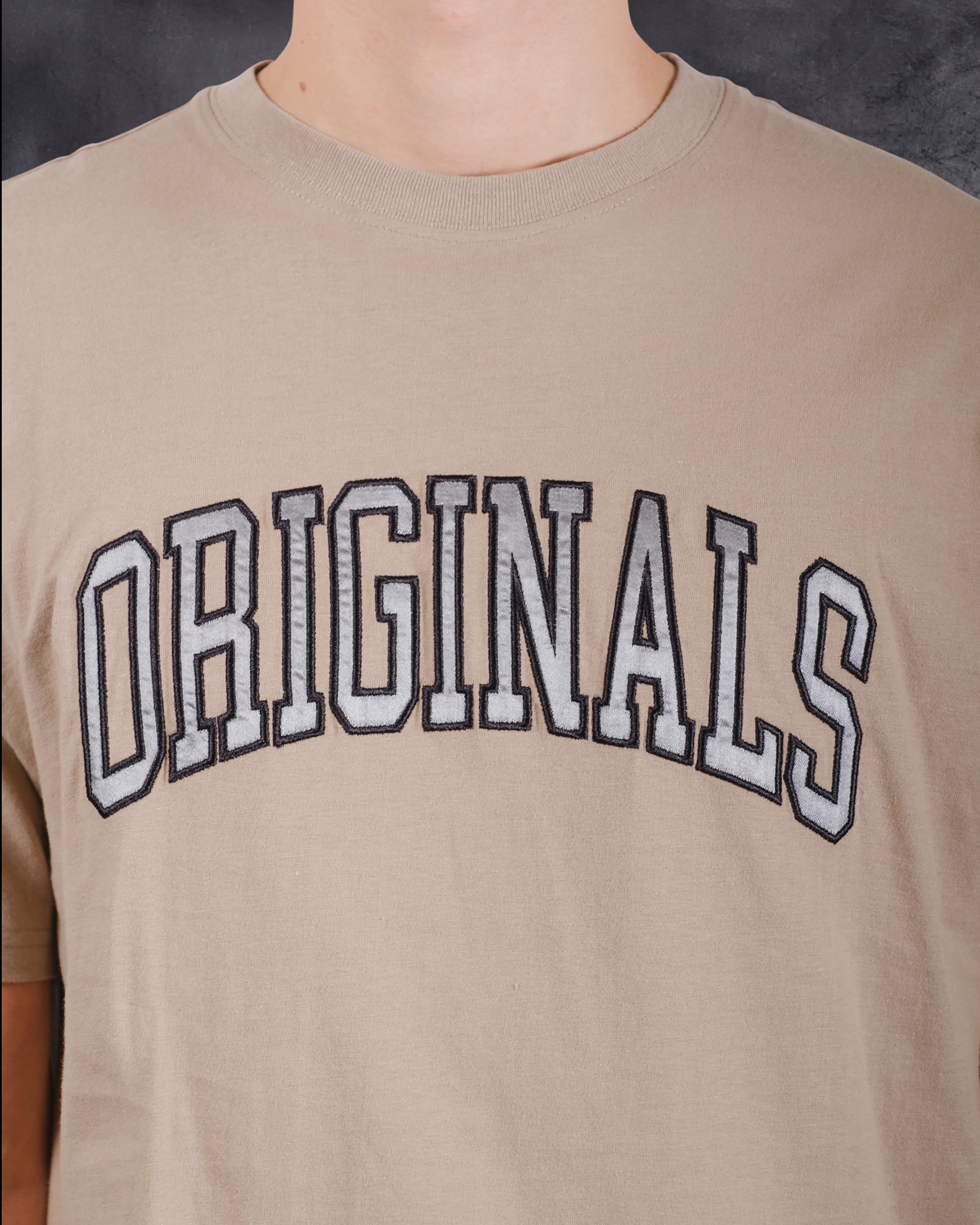 Soft cotton crew neck tee with bold satin applique logo design
#color_pumice-stone