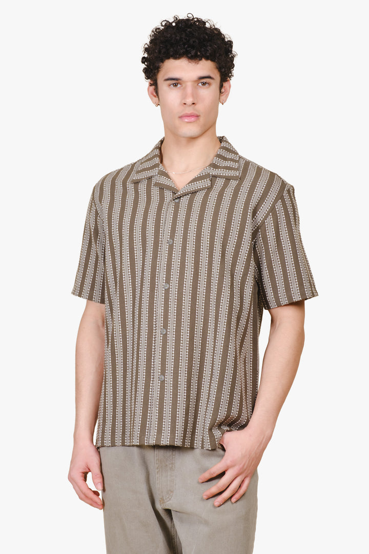 Men's olive camp collar button up striped shirt. #color_olive-fairway