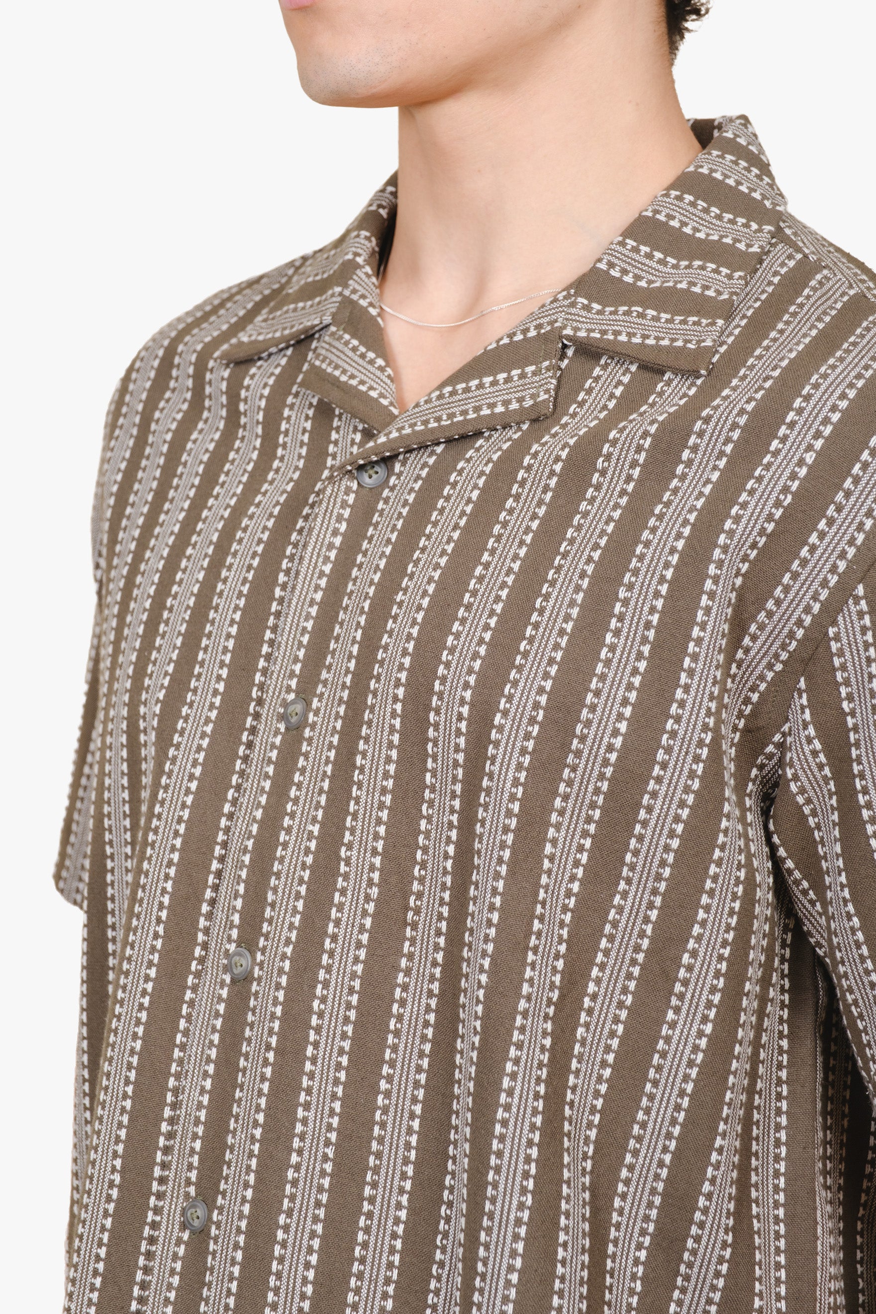 Men's olive camp collar button up striped shirt. #color_olive-fairway