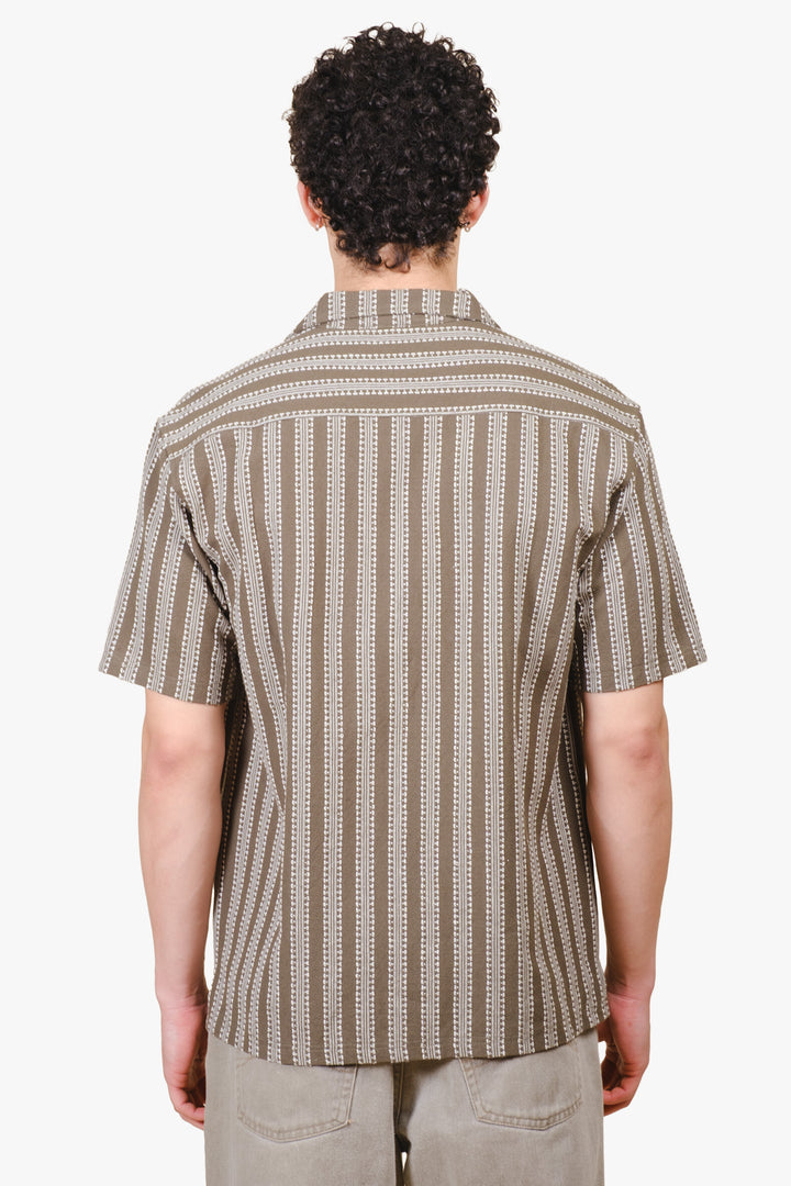 Men's olive camp collar button up striped shirt. #color_olive-fairway