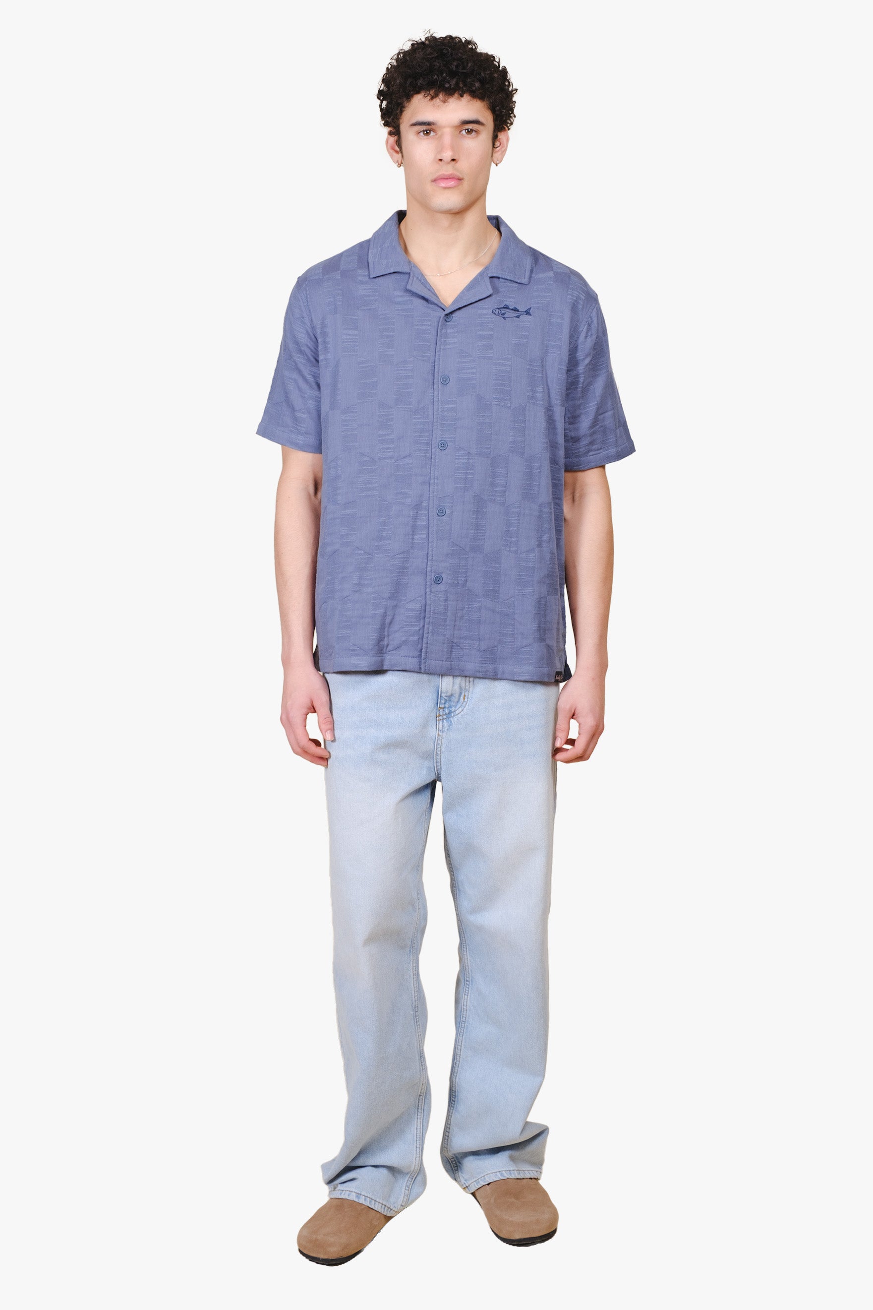 Men's camp collar woven shirt with fish embroidery on chest and checkered pattern #colorcoastalblue
