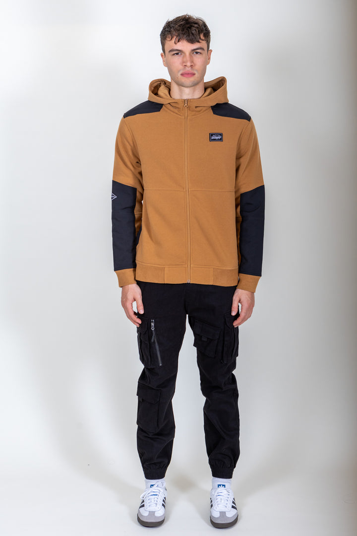 Men's tobacco color blocked fleece zip up long-sleeve hoodie.  #color_tobacco