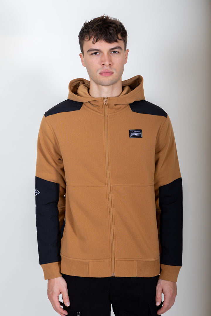 Men's tobacco color blocked fleece zip up long-sleeve hoodie.  #color_tobacco